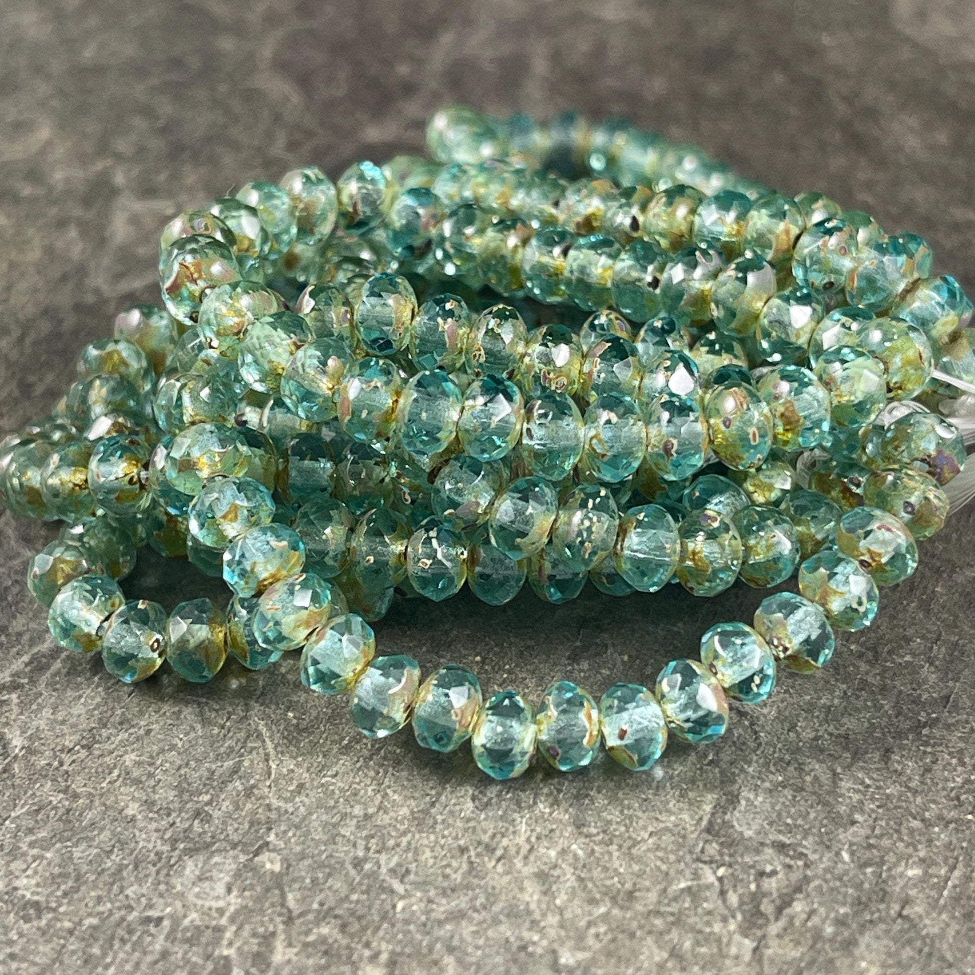 Czech Glass Beads - 5x3mm Faceted Glass Rondelle, Transparent Light Aqua Picasso (R5/N-0516) * Qty. 30