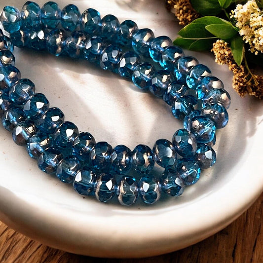 Czech Beads - 5x3mm Faceted Rondelles, Transparent Capri Blue with Bronze Picasso (R5/N-0397) * 30 Beads