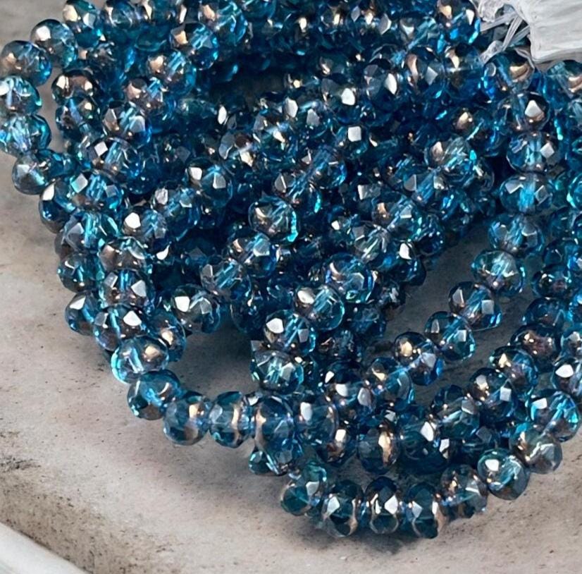 Czech Beads - 5x3mm Faceted Rondelles, Transparent Capri Blue with Bronze Picasso (R5/N-0397) * 30 Beads