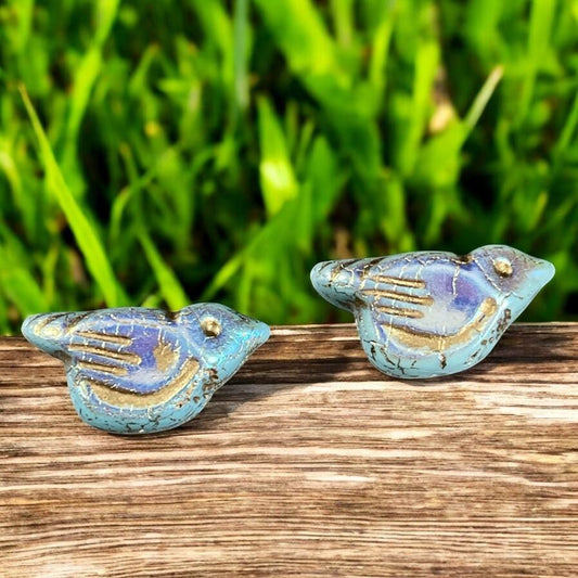 Czech Glass Beads - 11x22mm Chunky Bird Beads - Light Blue Bird with Gold Wash and AB Finish, Nature Theme, Bird Focal (N-1307) * Qty. 4