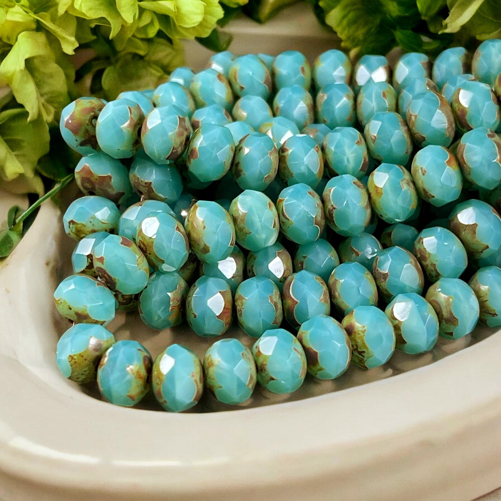 Czech Glass Beads - 8x6mm Faceted Rondelles ~Seafoam Green Silk Picasso Beads (R8/N-0699) * Qty. 25