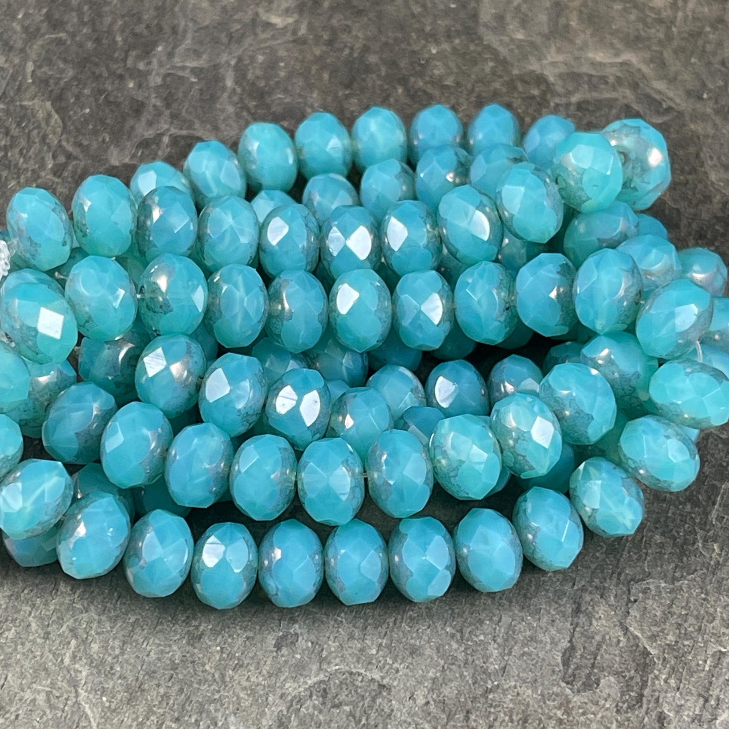 Czech Glass Beads - 8x6mm Faceted Rondelles, Blue-Green Opaline Picasso Beads (R8/N-2022) * Qty. 25