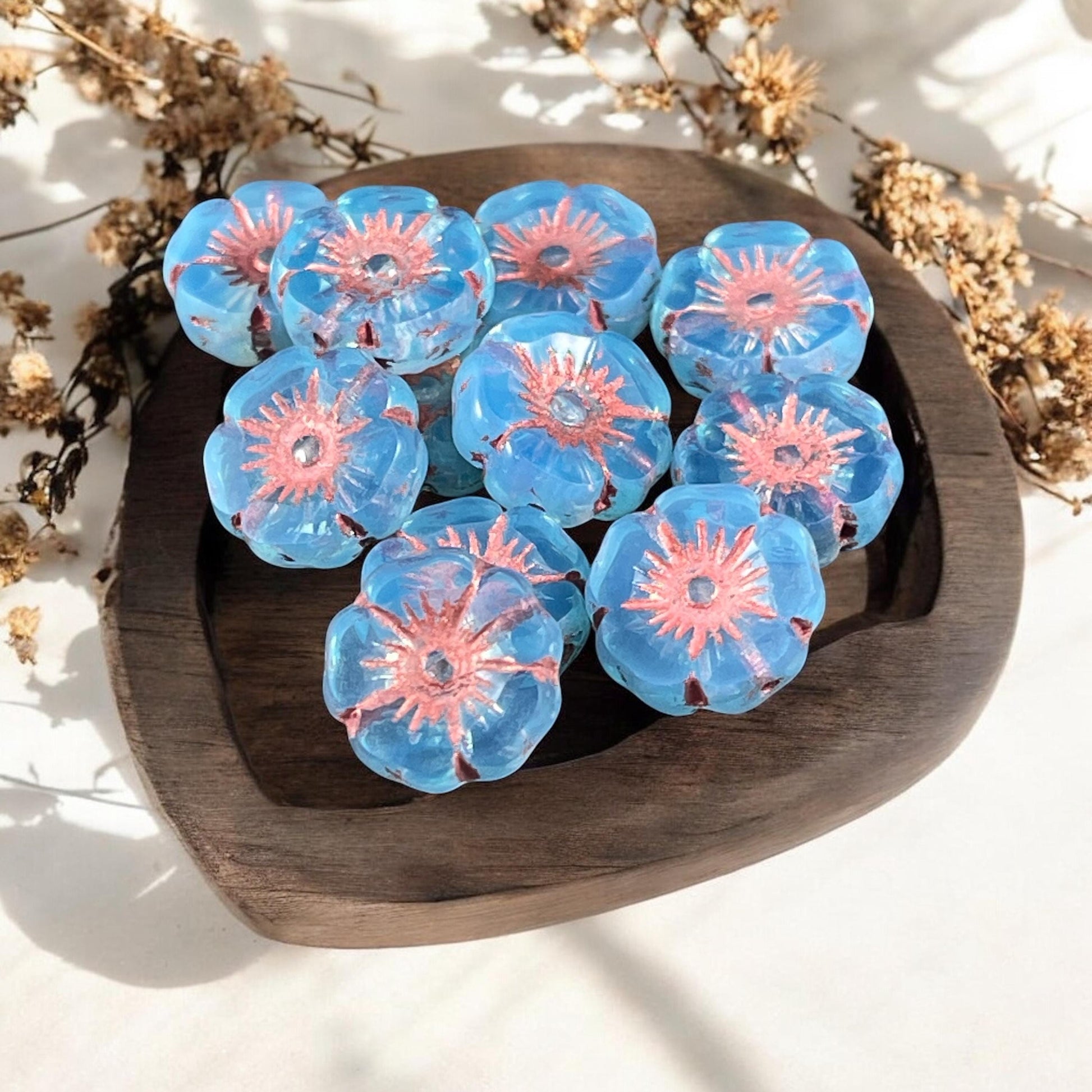 Czech Glass Beads - 12mm Hibiscus Flower Beads, Sky Blue with Copper Wash (FLH/N-0974) * Qty. 8
