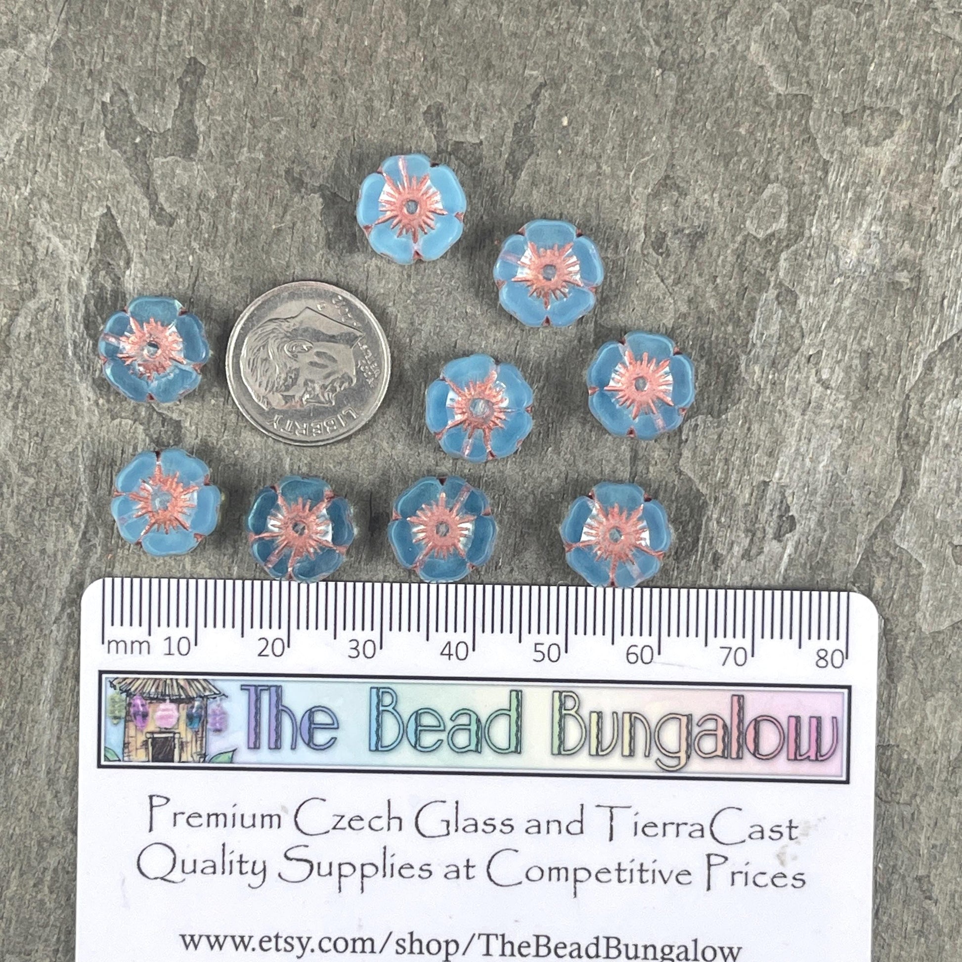 Czech Glass Beads - 12mm Hibiscus Flower Beads, Sky Blue with Copper Wash (FLH/N-0974) * Qty. 8