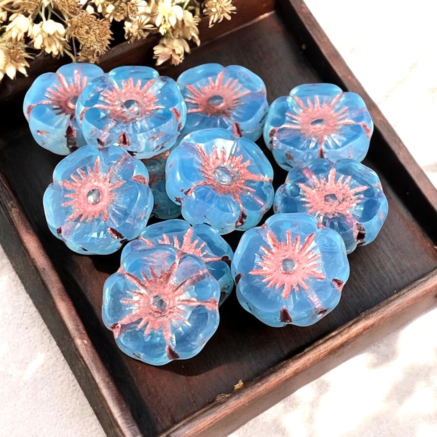 Czech Glass Beads - 12mm Hibiscus Flower Beads, Sky Blue with Copper Wash (FLH/N-0974) * Qty. 8