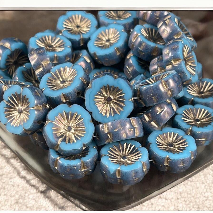 Czech Glass Beads - 14mm Table Cut Hibiscus Flower, Sky Blue with Steel Blue Picasso and Gold Wash (FLH/N-1461) * Qty. 6