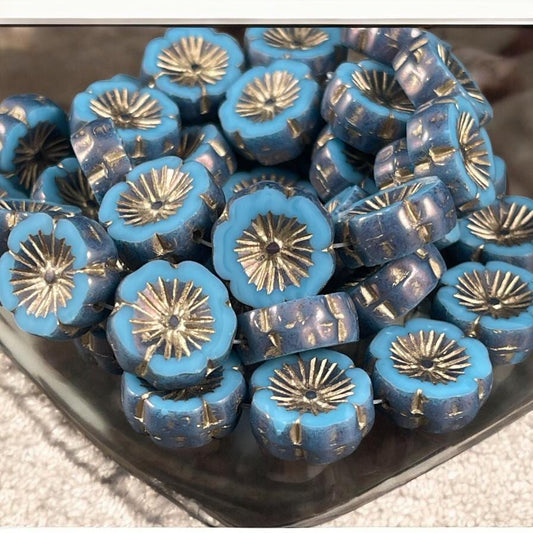 Czech Glass Beads - 14mm Table Cut Hibiscus Flower, Sky Blue with Steel Blue Picasso and Gold Wash (FLH/N-1461) * Qty. 6