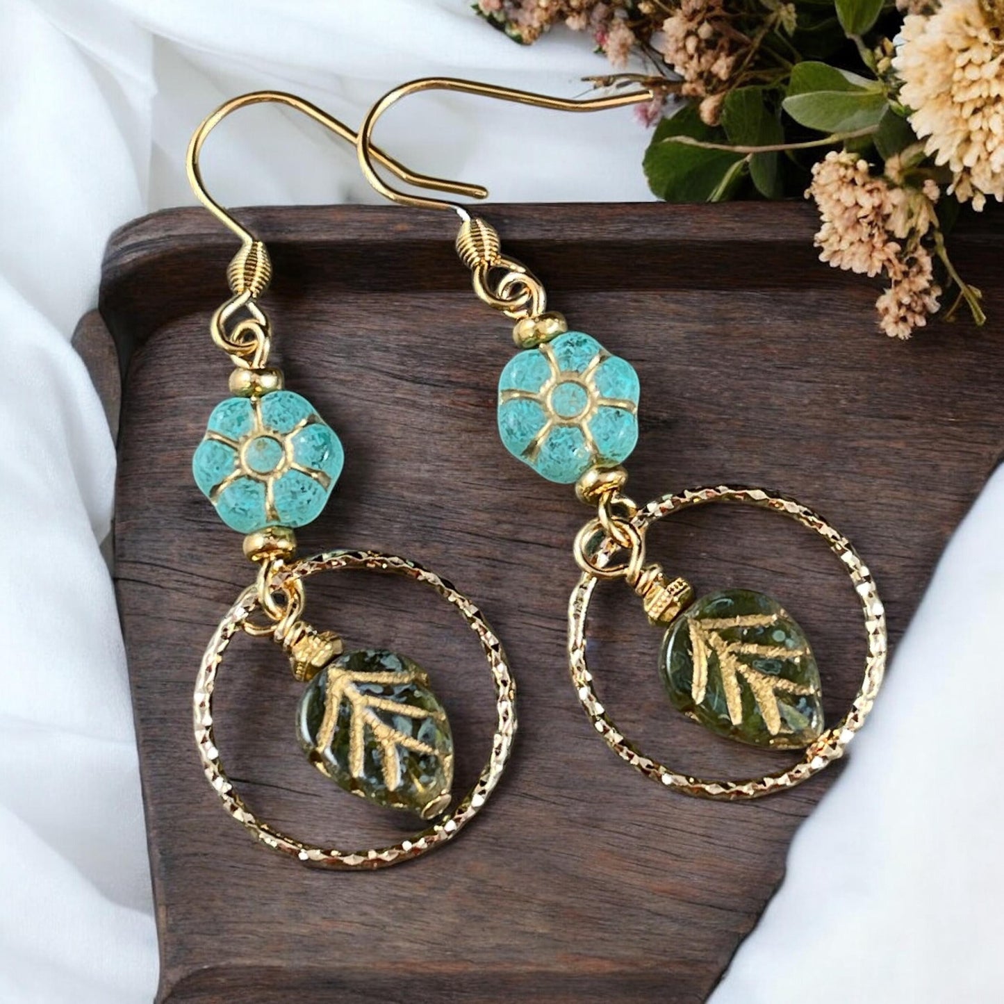 Czech Glass Beads - 8.5mm Aqua Green Flower with Gold Wash (PTB3) * Qty. 16