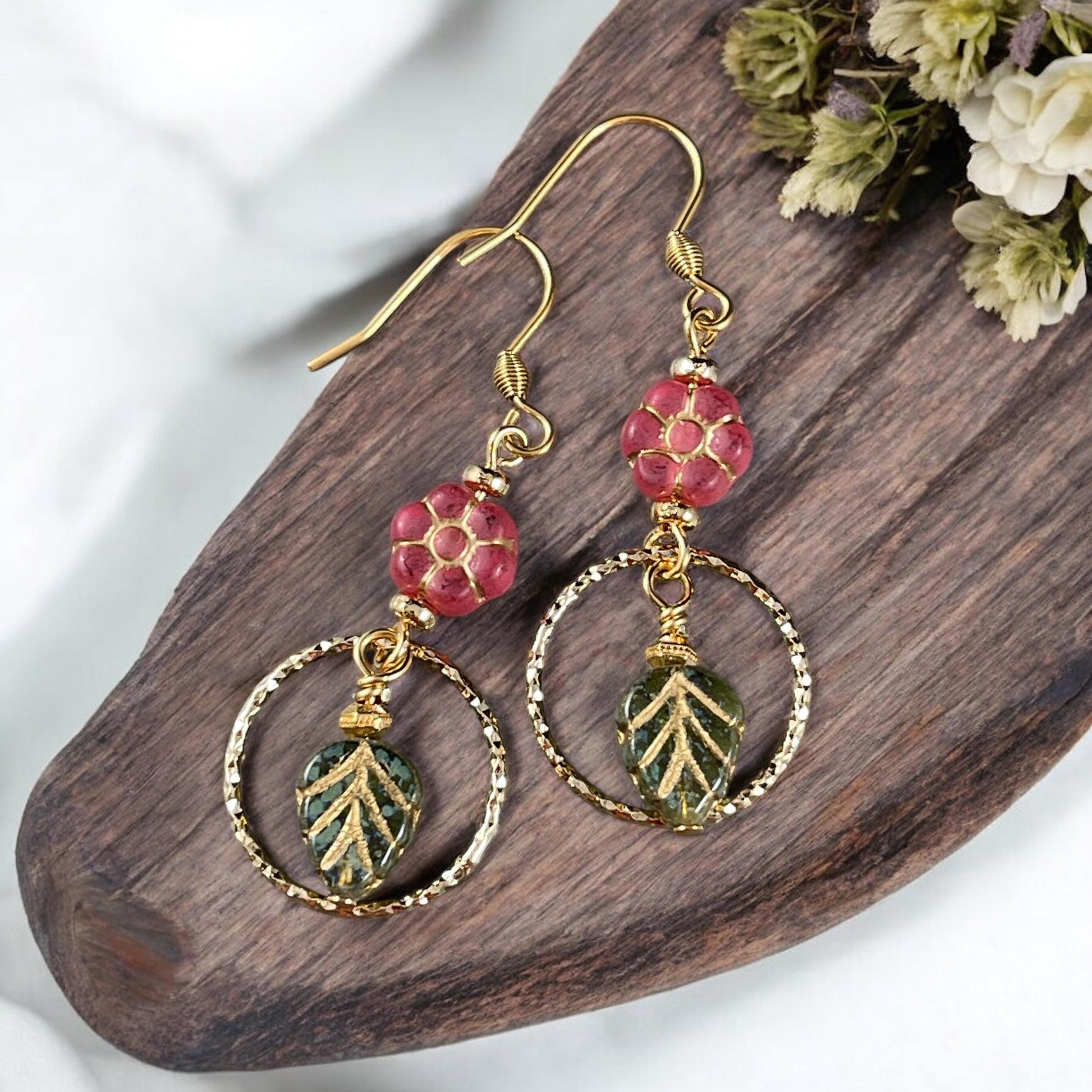 Czech Glass Flower Beads - 8.5mm Watermelon Red Flower Bead, Light Red with Gold Wash * Qty. 16