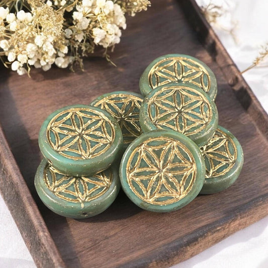 Czech Glass Beads - Flower of Life 19mm Coin Bead, Tea Green, Sage Green with Gold Wash (N-1551) * Qty. 2