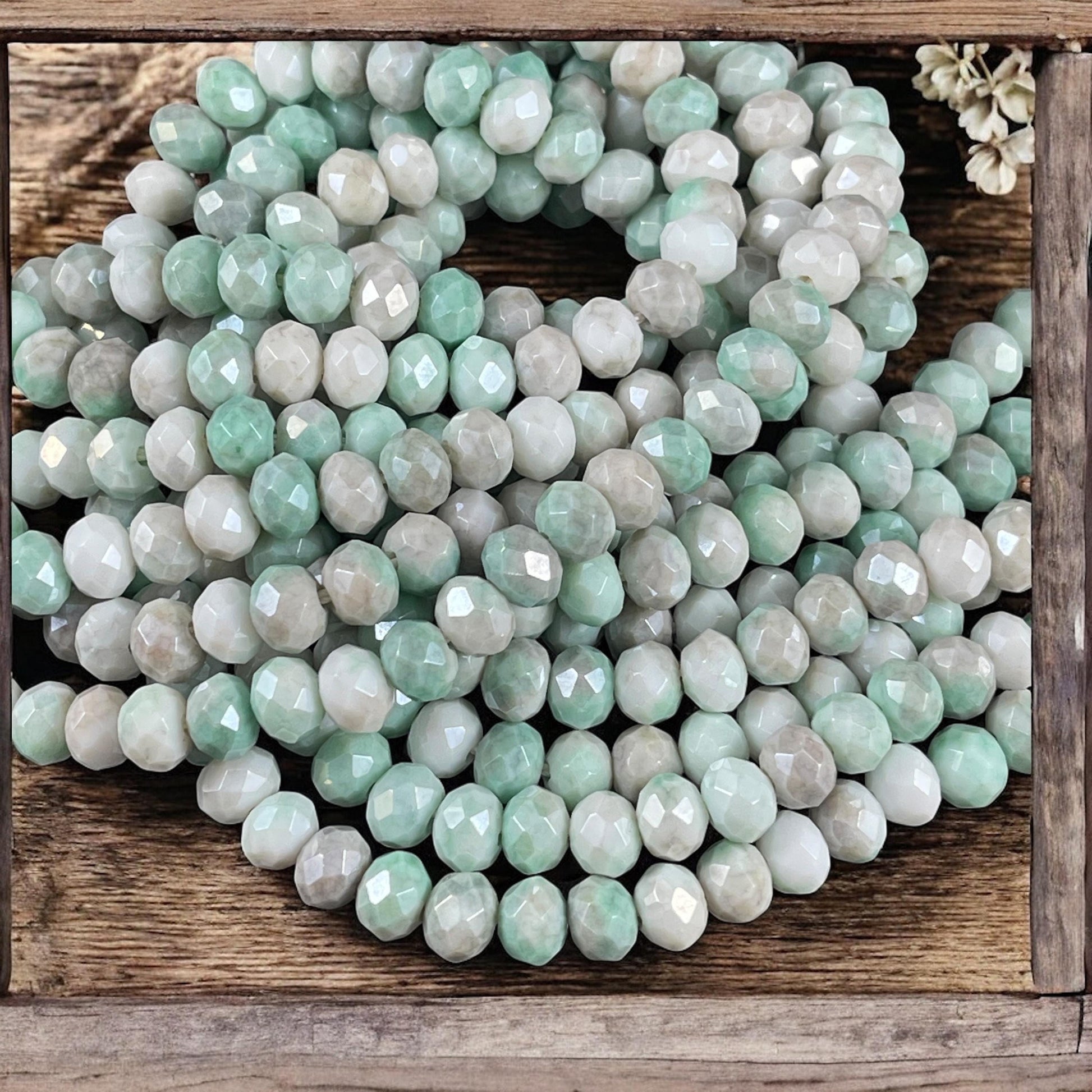 Green, Gray and White 8x6mm Rondelle, Green and Gray Faceted Glass Beads with AB Finish (Green/Gray-8) * 60 Beads