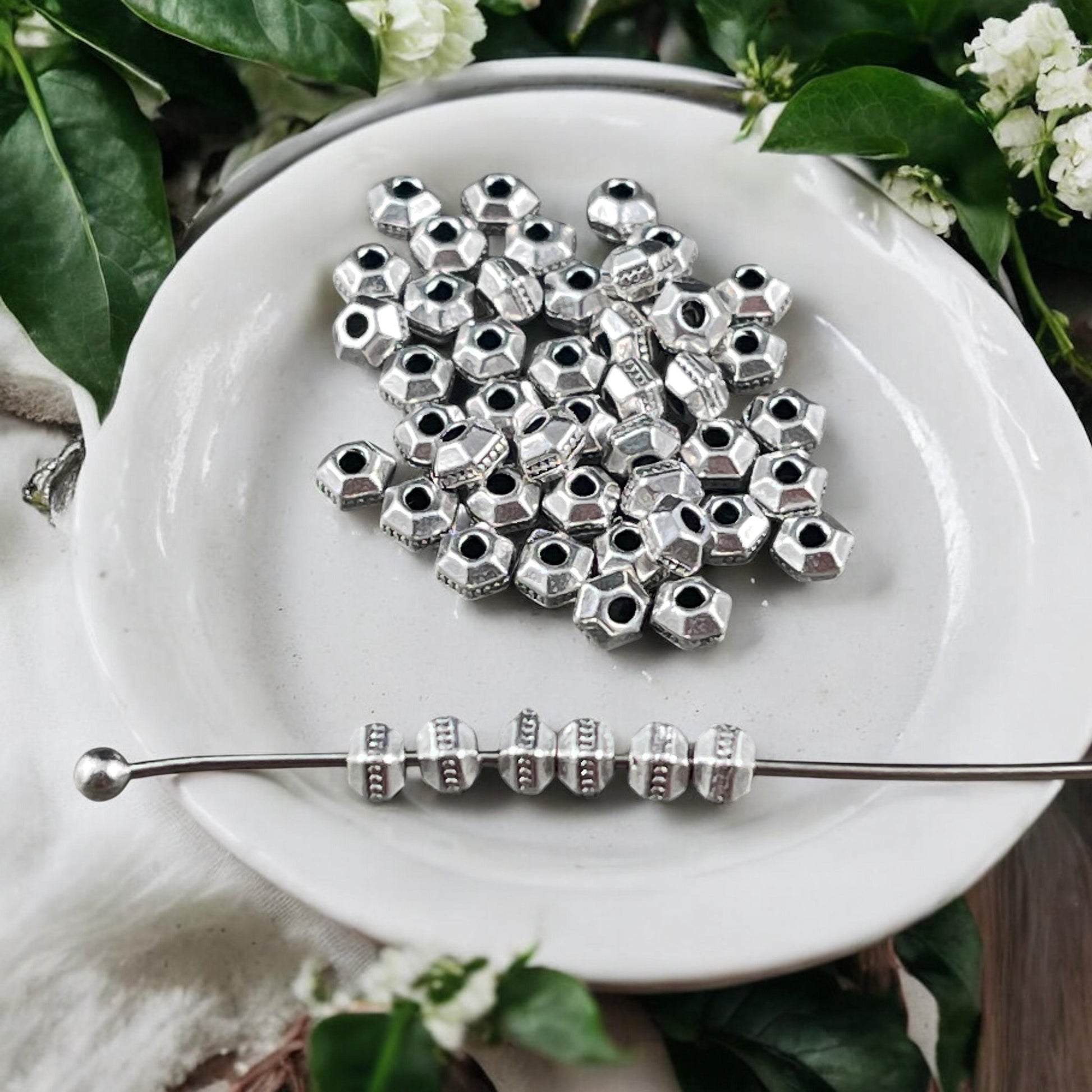 TierraCast 3mm Hexagon Bead, Faceted 3mm Spacer Bead, Tiny Antiqued Silver-Plated Bead (PF/392-77) * Qty. 50