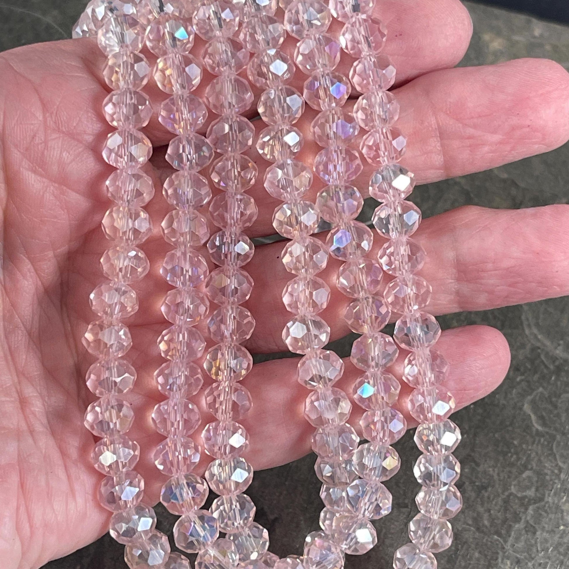 Transparent Light Pink 8x6mm Rondelle, Pastel, Blush Pink Faceted Glass Beads with AB Finish (BlushAB-8) * 36 Beads
