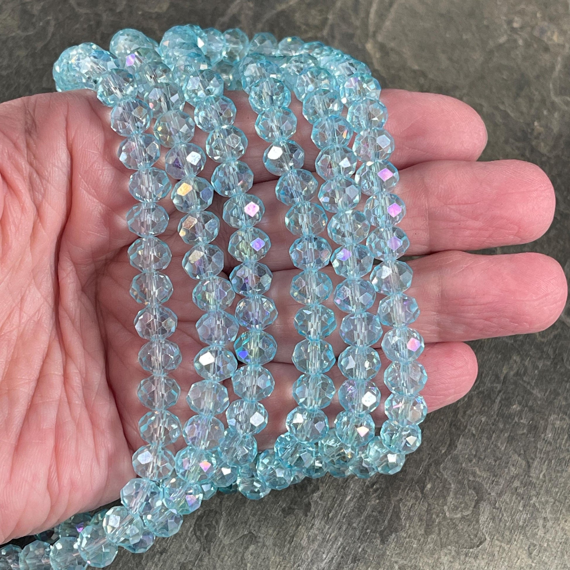 Transparent Aquamarine 8x6mm Rondelle, Light Blue Faceted Glass Beads with AB Finish (AquamarineAB-8) * 36 Beads