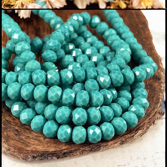 Dark Turquoise 8x6mm Rondelle, Turquoise Green Faceted Glass Beads (DkTurq-8) * 36 Beads