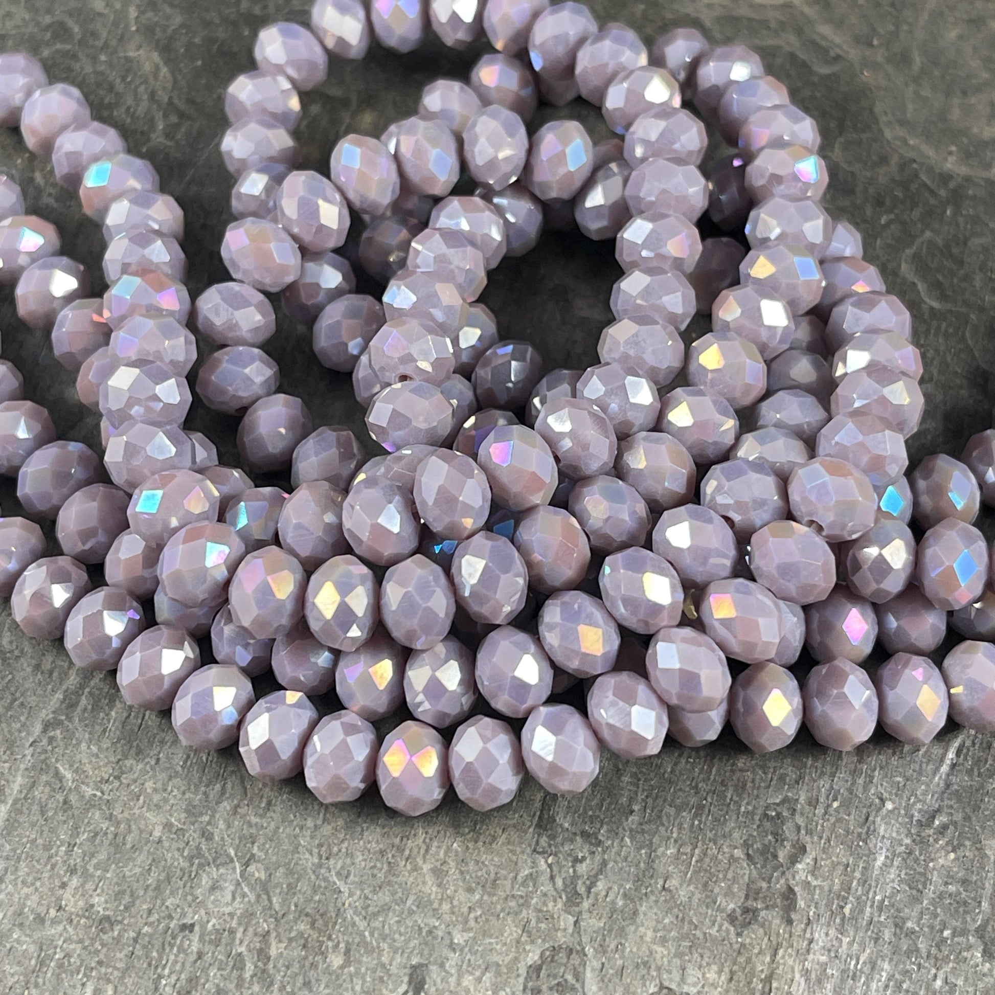 Taupe 8x6mm Rondelle, Smokey Taupe Faceted Glass Beads with AB Finish (TaupeAB-8) * 36 Beads