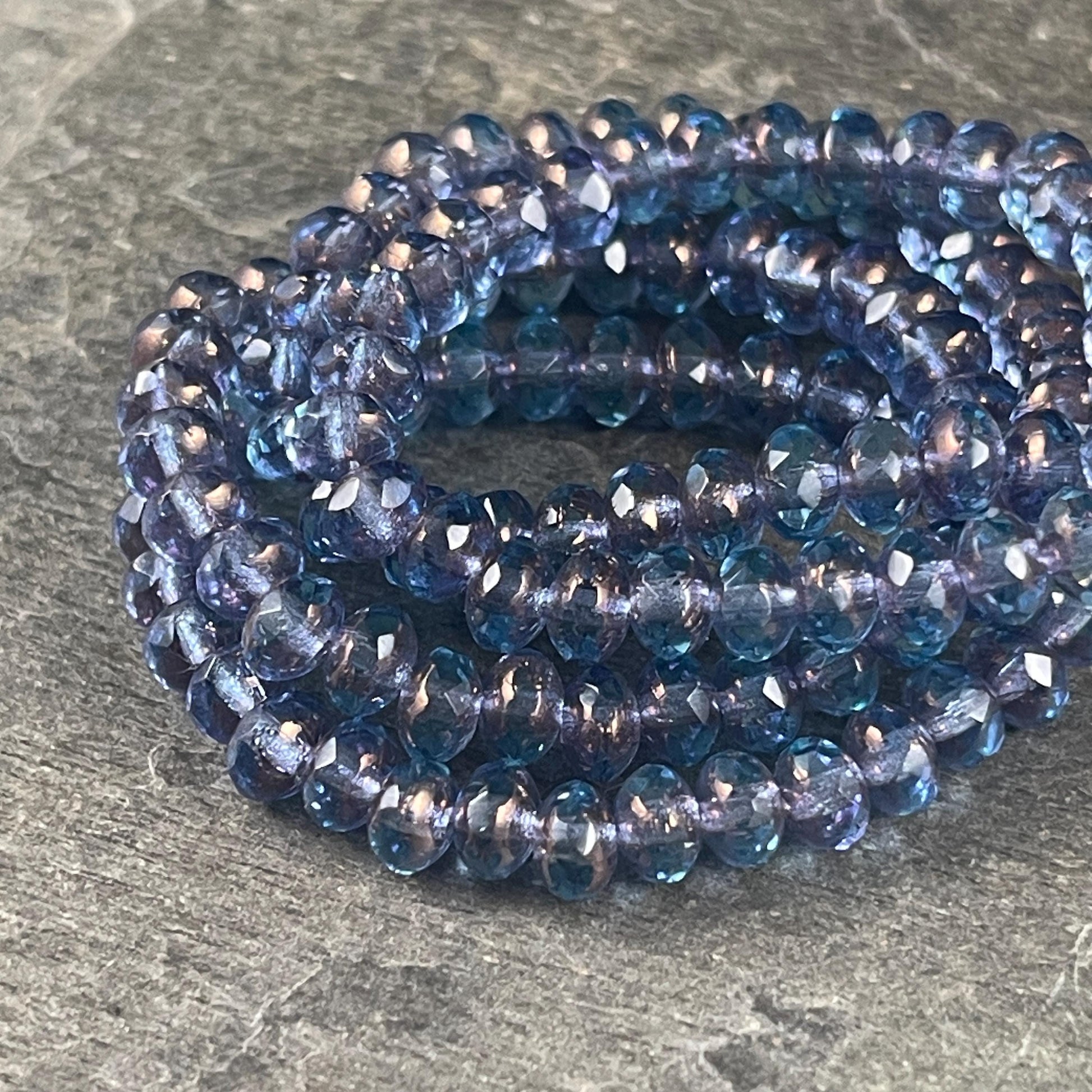 Transparent Indigo Blue Faceted Rondelles, 5x3mm Czech Glass Beads, Transparent Sapphire with Purple Luster Finish (R5/N-0369) * Qty. 30