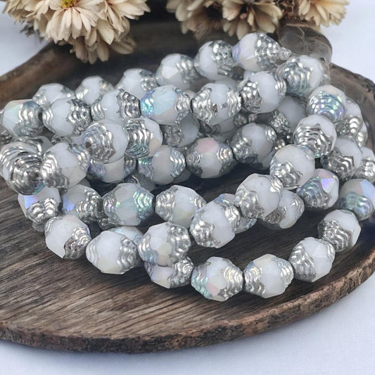 Czech Glass Beads - Cathedral 8x6mm Carved Oval Bicone, White Beads with Silver and AB Finishes (CTD/N-057) * Qty. 15