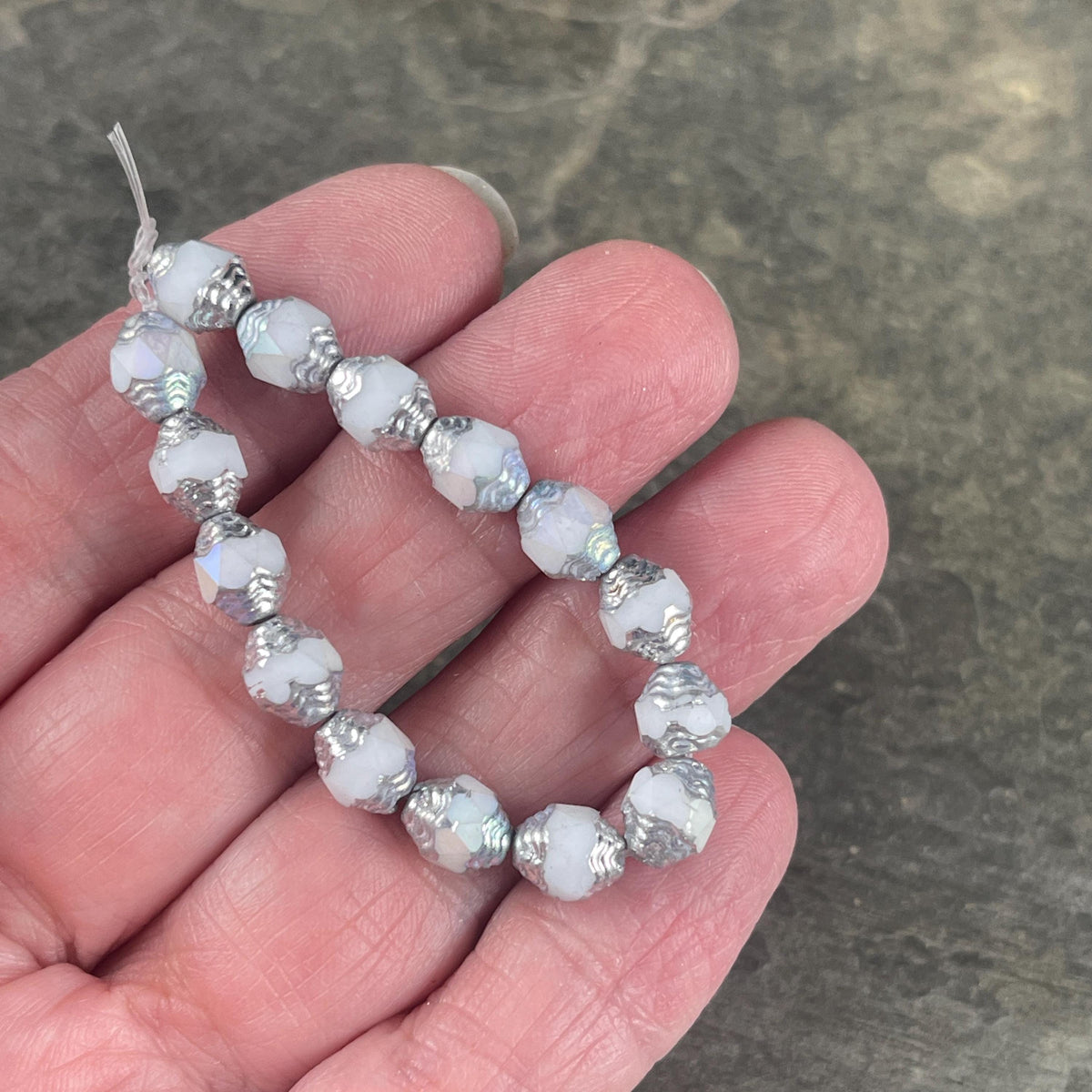 Czech Glass Beads - Cathedral 8x6mm Carved Oval Bicone, White Beads with Silver and AB Finishes (CTD/N-057) * Qty. 15