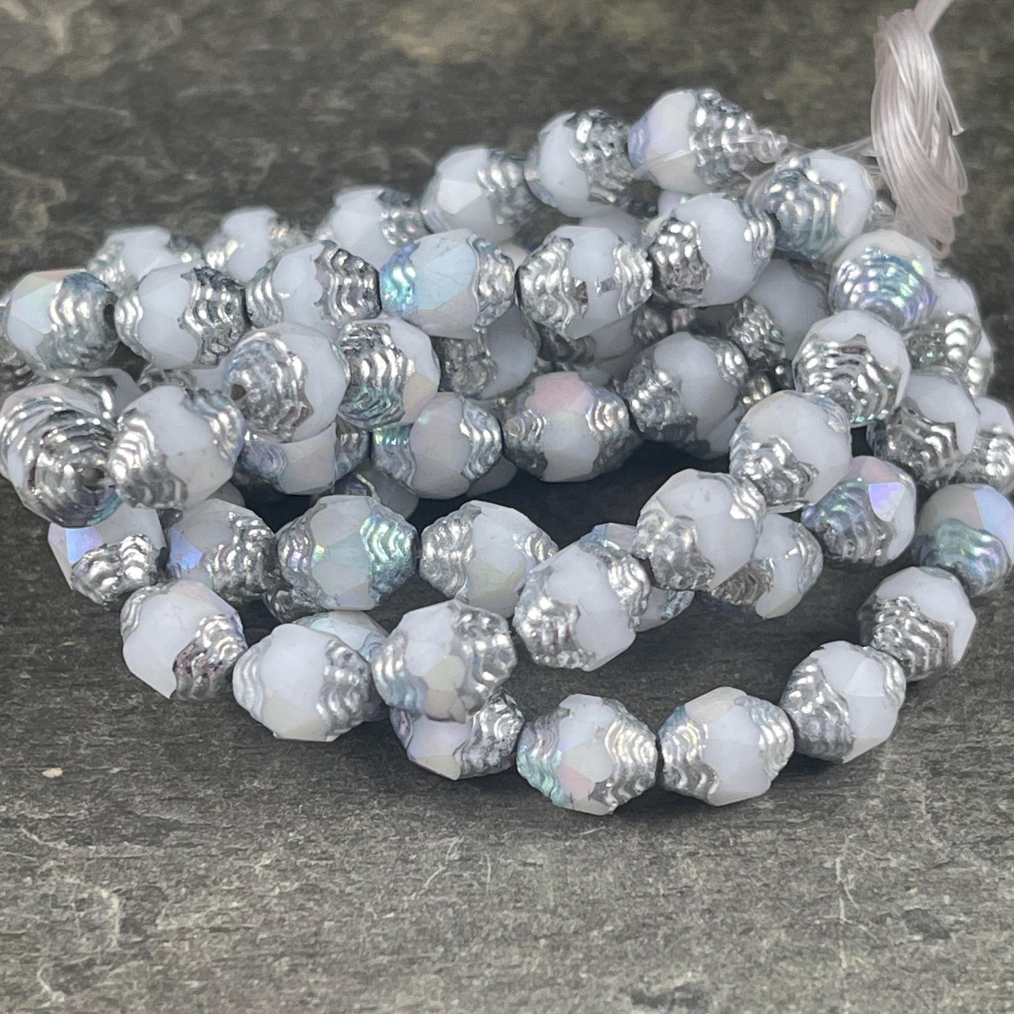 Czech Glass Beads - Cathedral 8x6mm Carved Oval Bicone, White Beads with Silver and AB Finishes (CTD/N-057) * Qty. 15