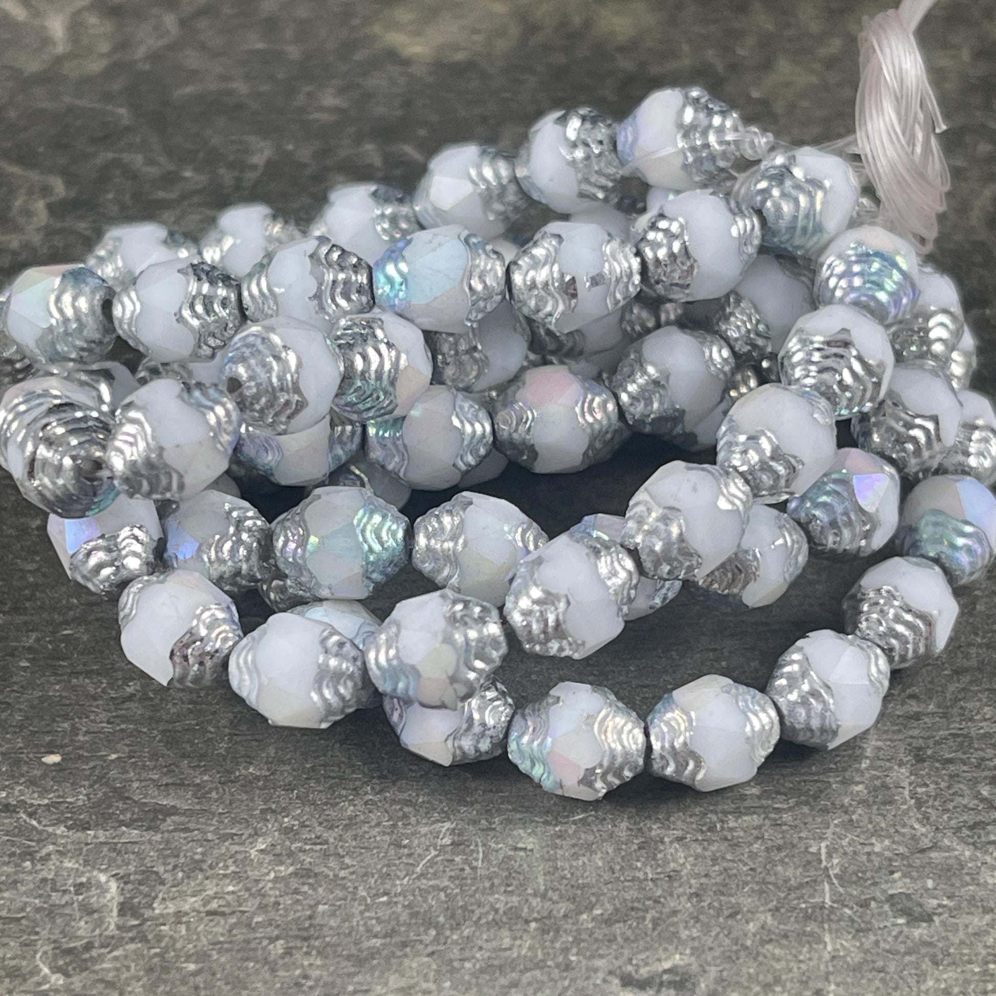 Czech Glass Beads - Cathedral 8x6mm Carved Oval Bicone, White Beads with Silver and AB Finishes (CTD/N-057) * Qty. 15