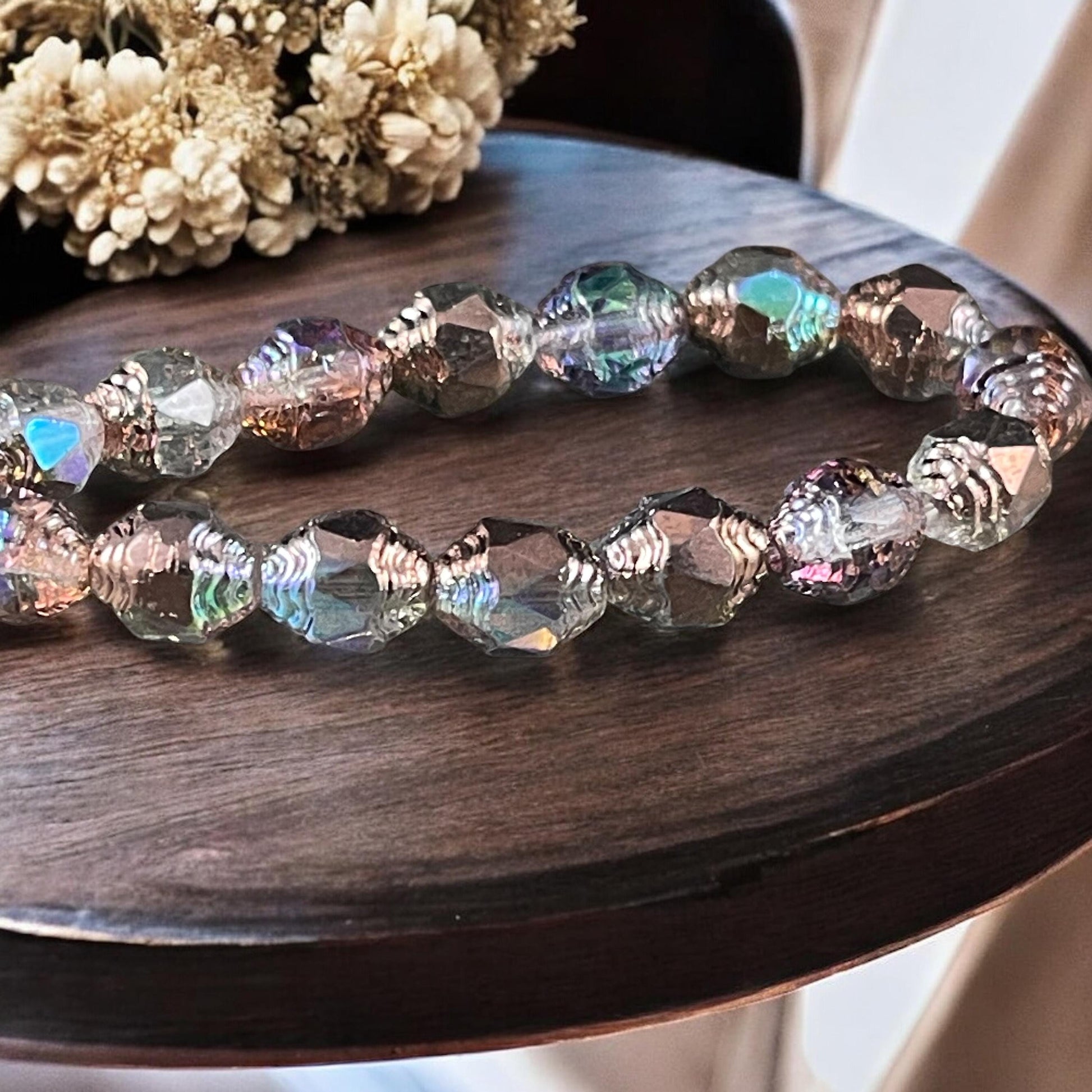 Czech Glass Beads - Cathedral 8x6mm Carved Oval Bicone, Transparent Glass with Copper and AB Finishes (CTD/N-026) * Qty. 15