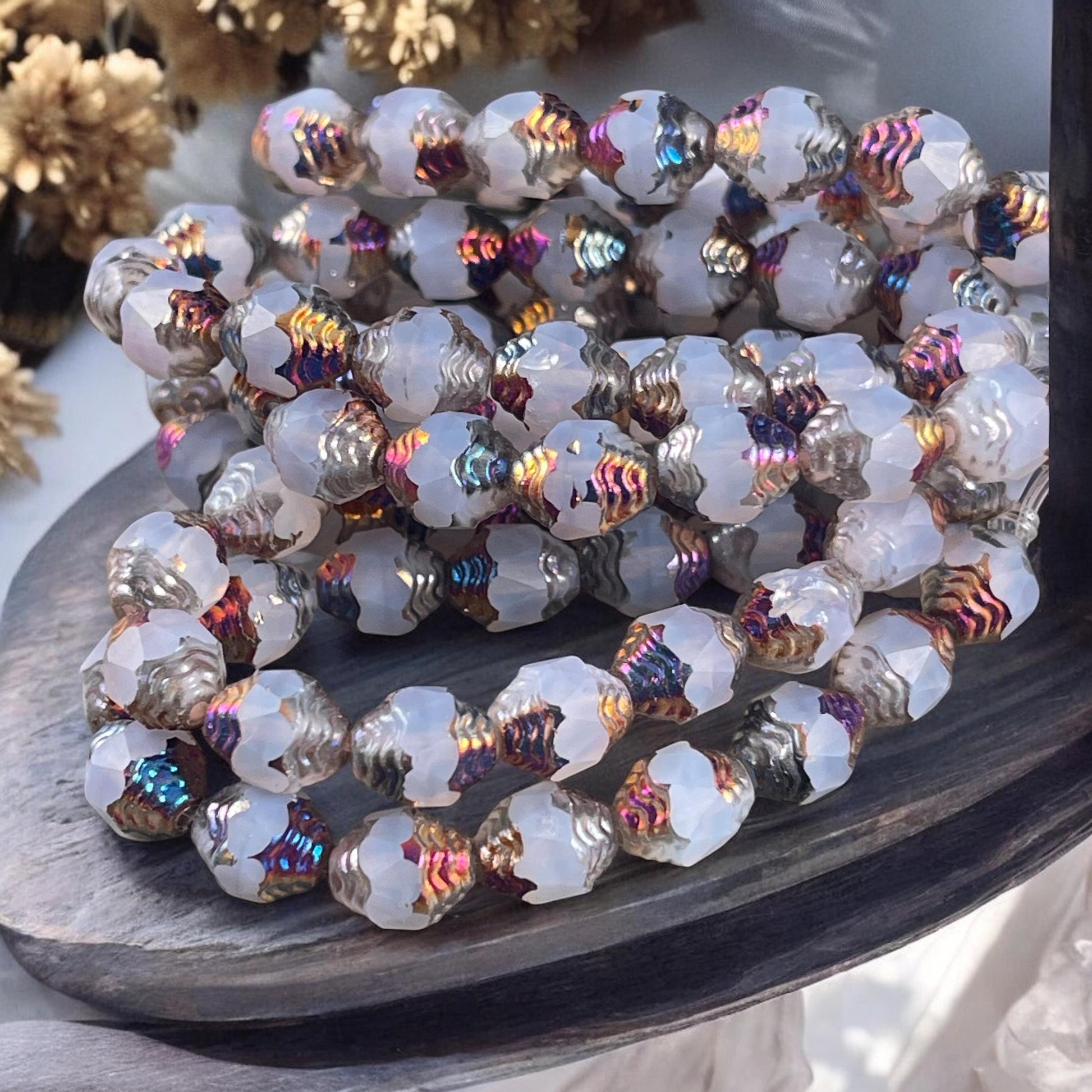Czech Glass Beads - Cathedral 8x6mm Carved Oval Bicone, Milky White with Rainbow Metallic Finish (CTD/N-054) * Qty. 15