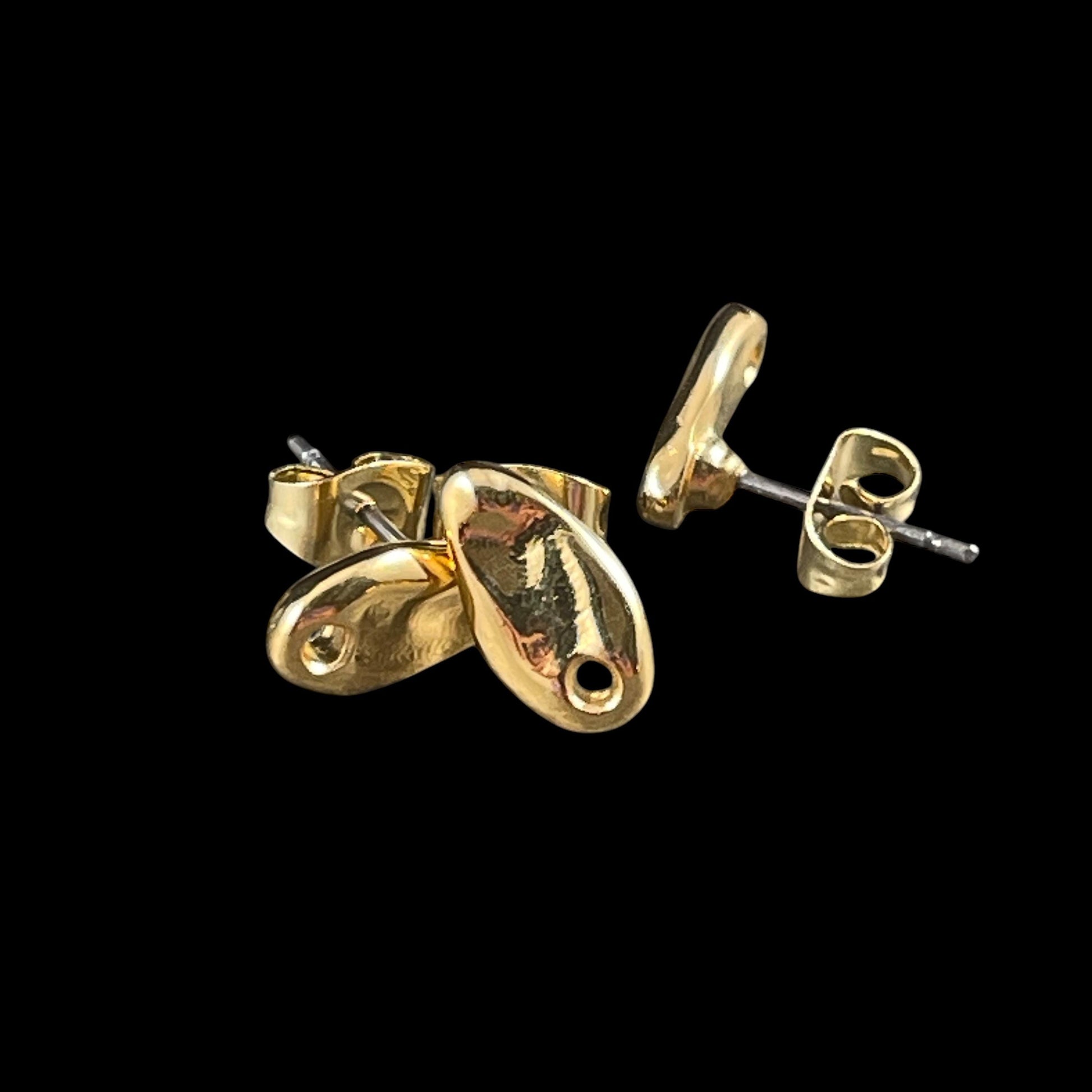24k Gold Plated Earring Post, Small 11.5x6mm Organic Oval Earring with hole for Dangles (PF/14938-12) * Qty. 4