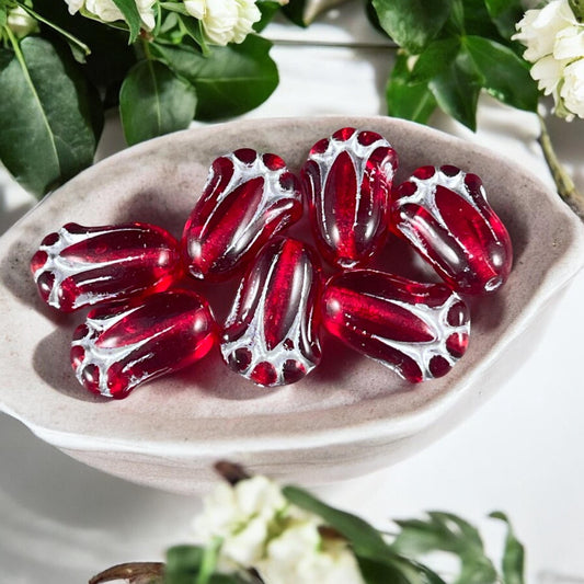 12x8mm Transparent Red Lily Bud Czech Glass Flower Beads, Red Flower with Silver Wash (LBud25) * Qty. 12