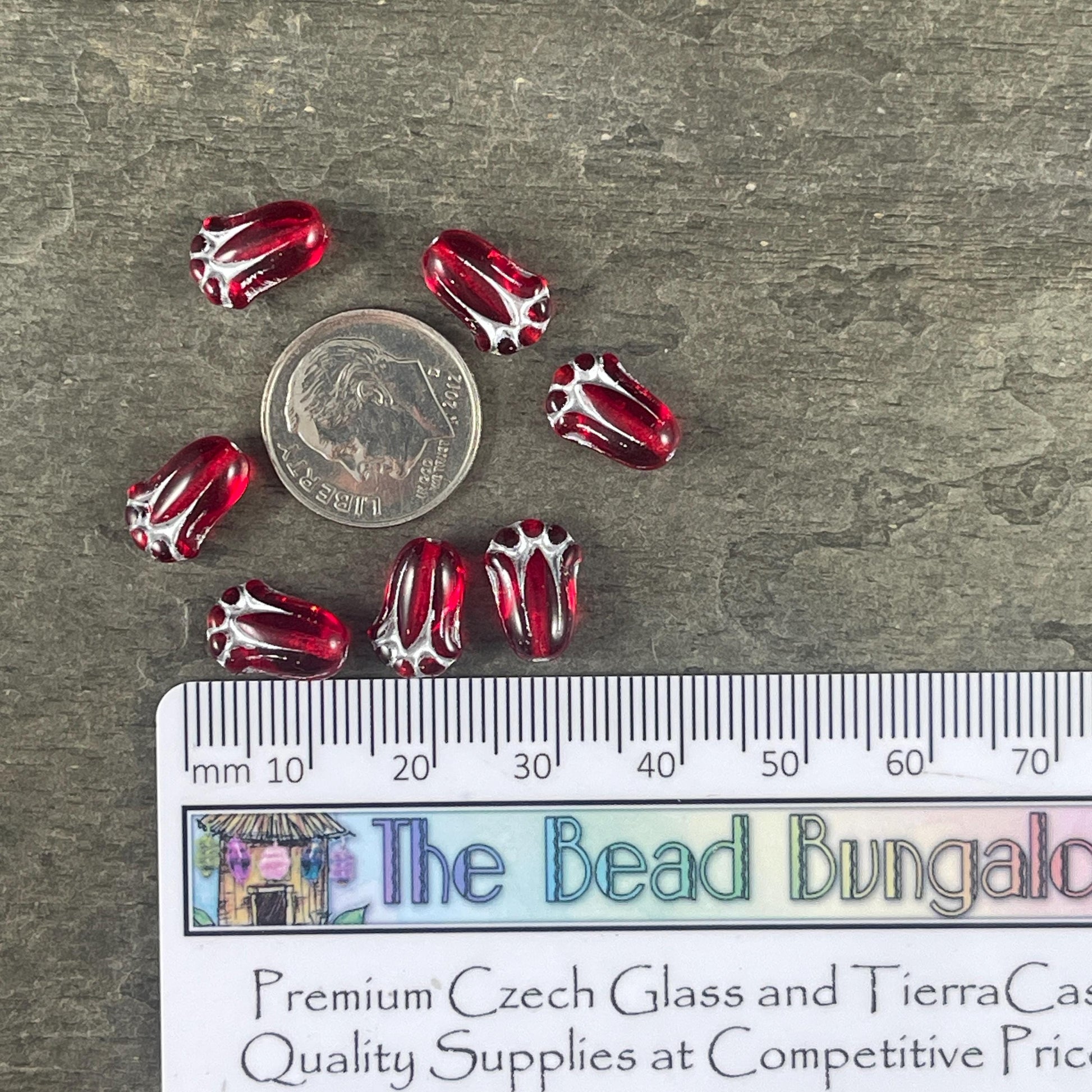 12x8mm Transparent Red Lily Bud Czech Glass Flower Beads, Red Flower with Silver Wash (LBud25) * Qty. 12