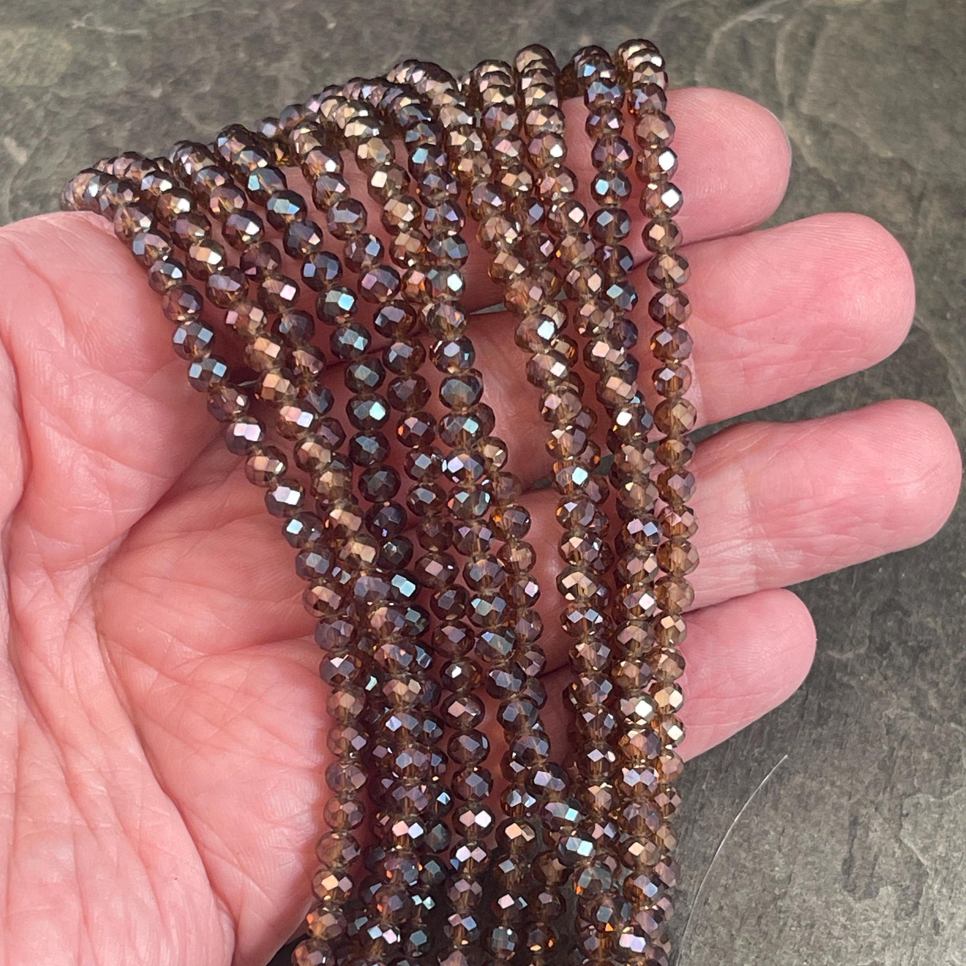 Transparent Brown 4x3mm Faceted Glass Beads, Dark Topaz with AB Finish (BrownAB-4) * 100 Beads