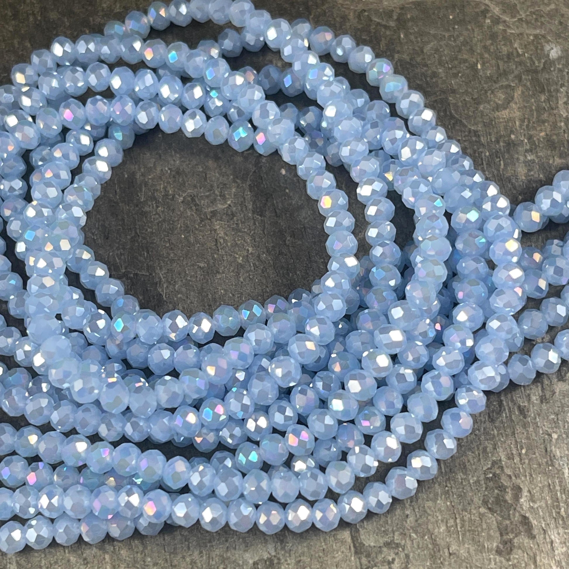 Light Blue 4x3mm Faceted Glass Beads, Pastel Blue with AB Finish (LtBlueAB-4) * 100 Beads
