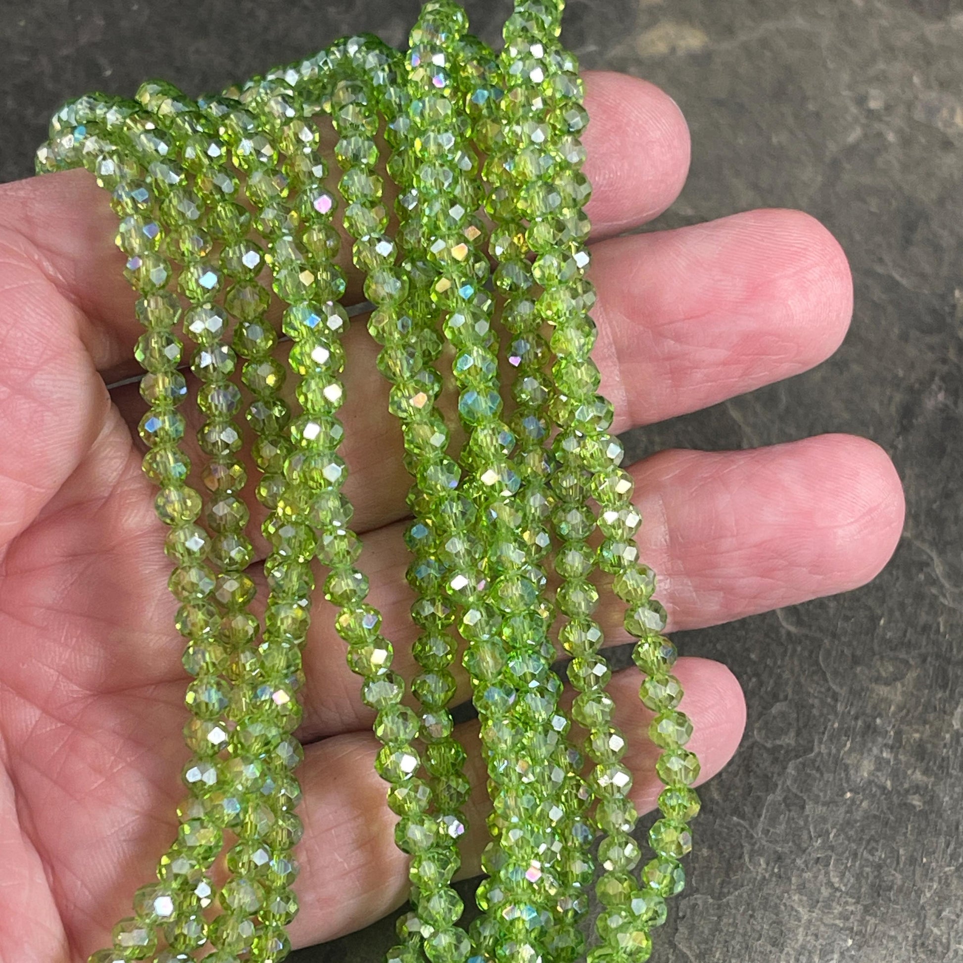 Transparent Green 4x3mm Faceted Glass Beads, Peridot Green with AB Finish (PeridotAB-4) * 100 Beads