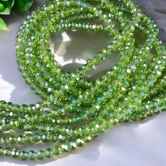 Transparent Green 4x3mm Faceted Glass Beads, Peridot Green with AB Finish (PeridotAB-4) * 100 Beads