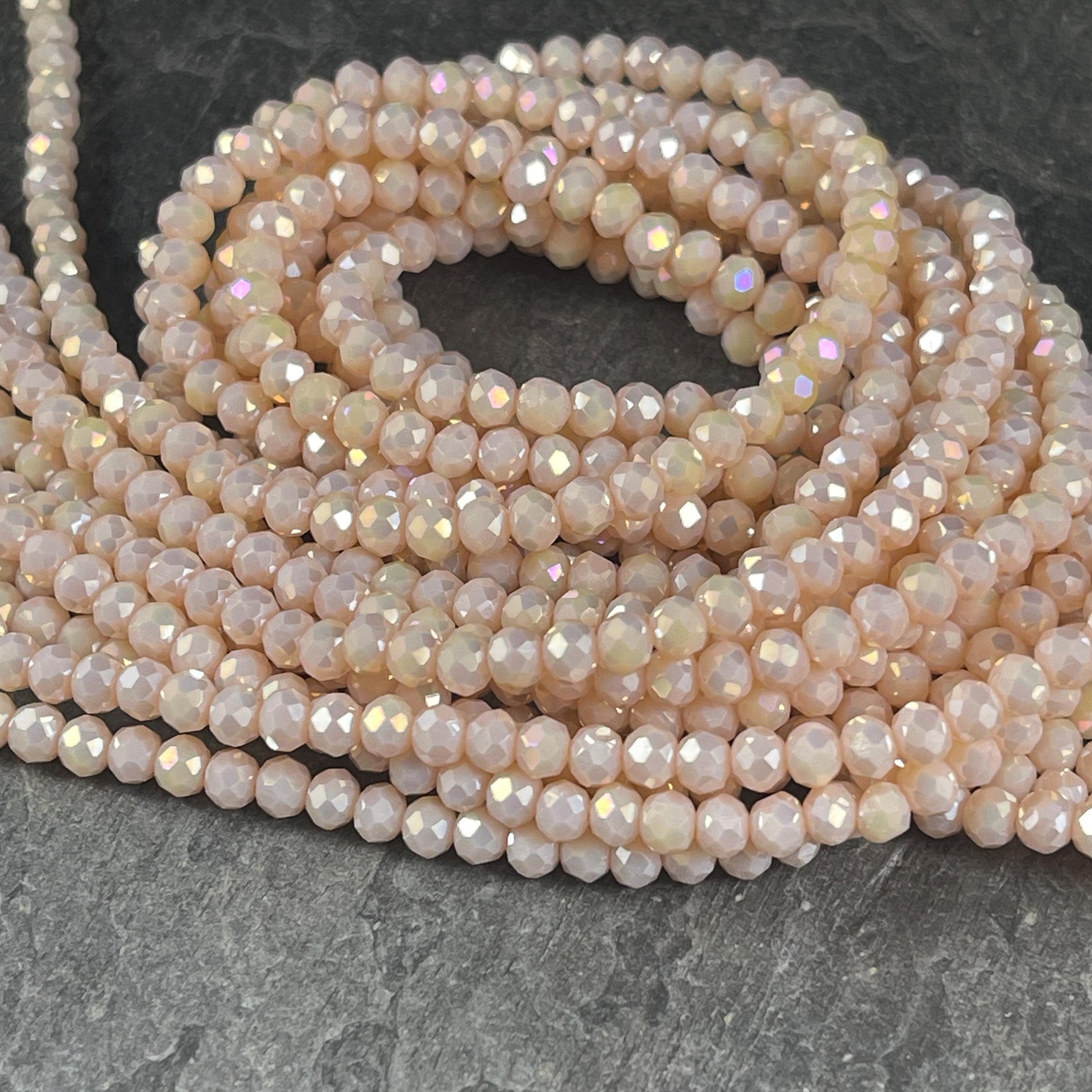 Ivory Beige 4x3mm Faceted Glass Beads, Opaque Beige with AB Finish (BeigeAB-4) * 100 Beads