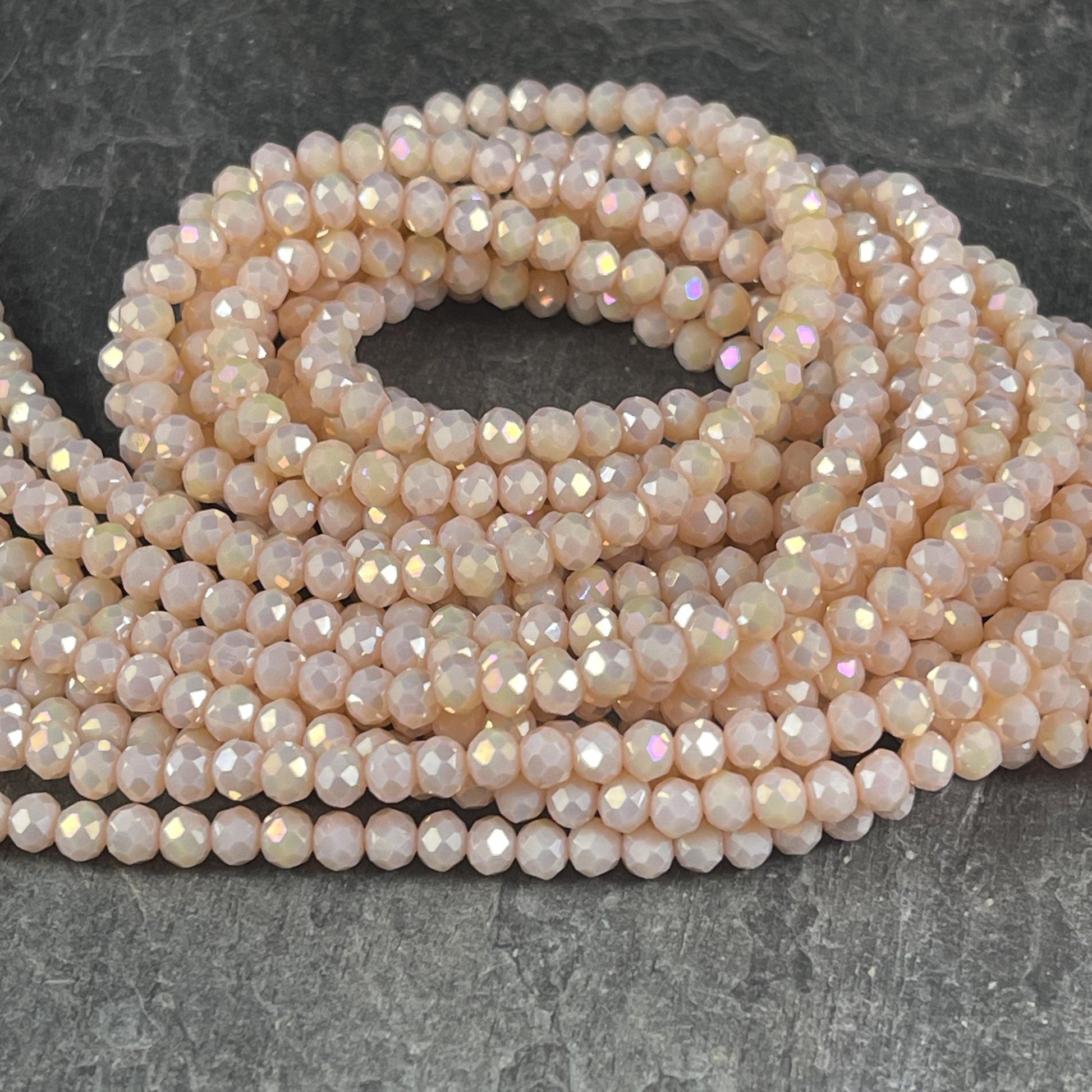 Ivory Beige 4x3mm Faceted Glass Beads, Opaque Beige with AB Finish (BeigeAB-4) * 100 Beads
