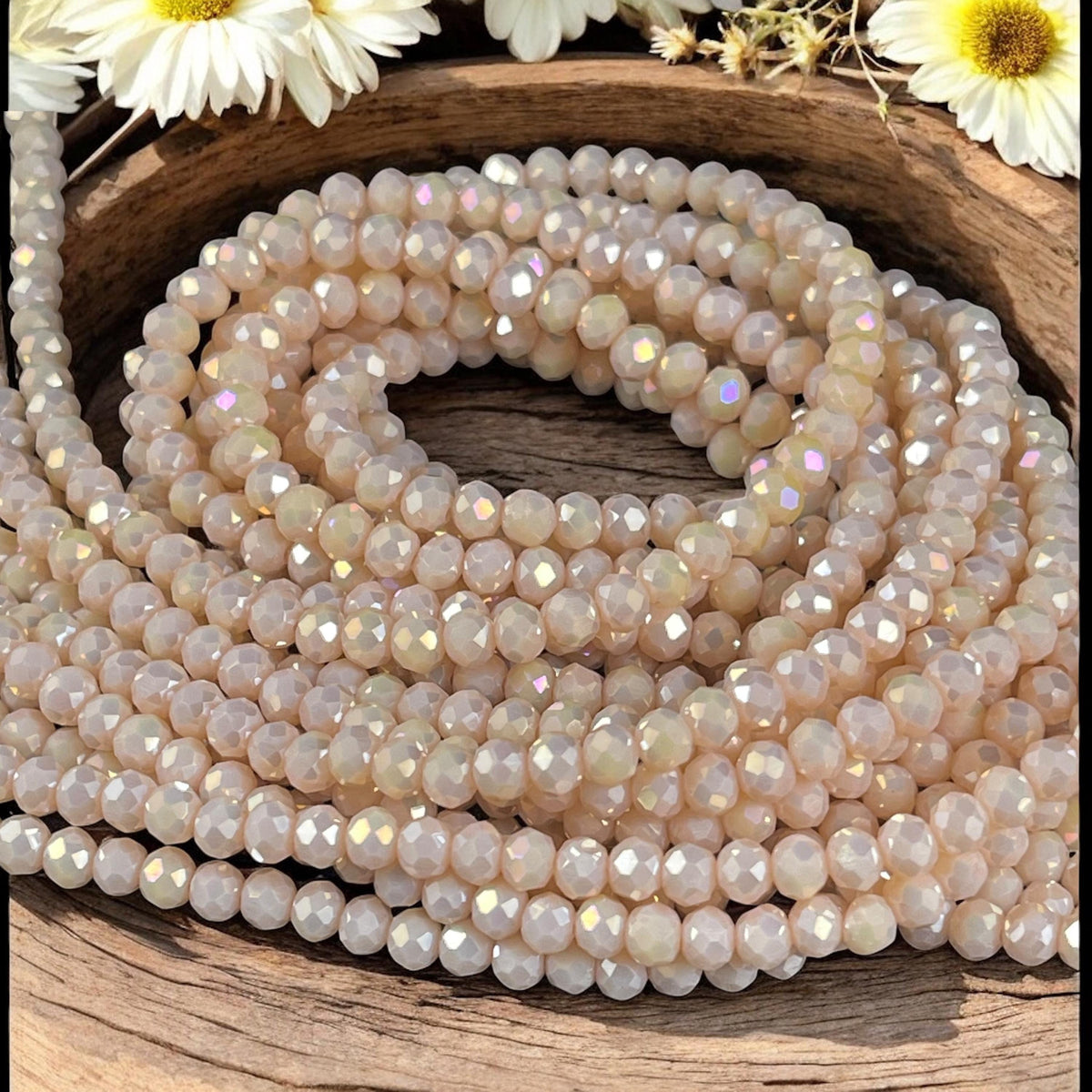 Ivory Beige 4x3mm Faceted Glass Beads, Opaque Beige with AB Finish (BeigeAB-4) * 100 Beads