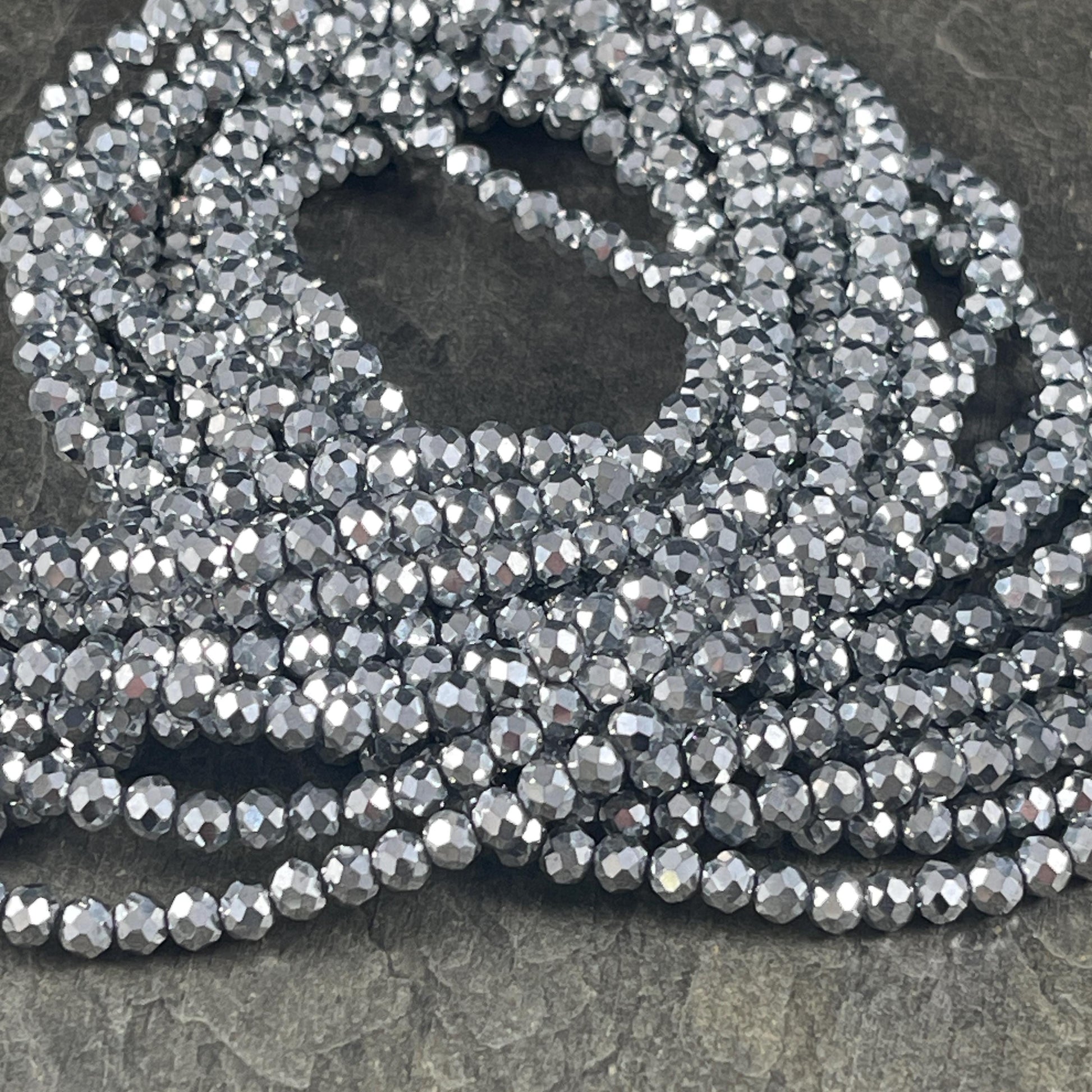 Metallic Silver 4x3mm Faceted Glass Beads, Bright Silver Rondelles (Silver-4) * 100 Beads