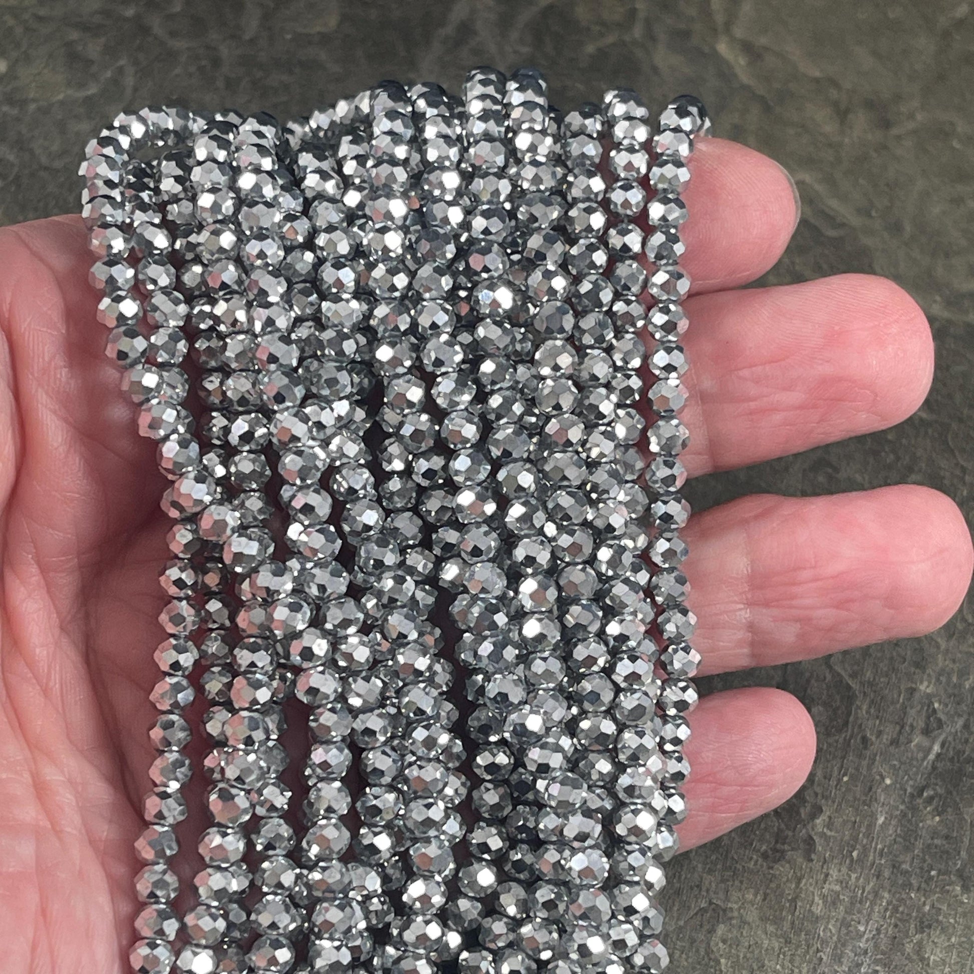 Metallic Silver 4x3mm Faceted Glass Beads, Bright Silver Rondelles (Silver-4) * 100 Beads