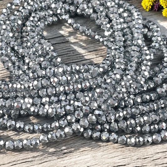 Metallic Silver 4x3mm Faceted Glass Beads, Bright Silver Rondelles (Silver-4) * 100 Beads