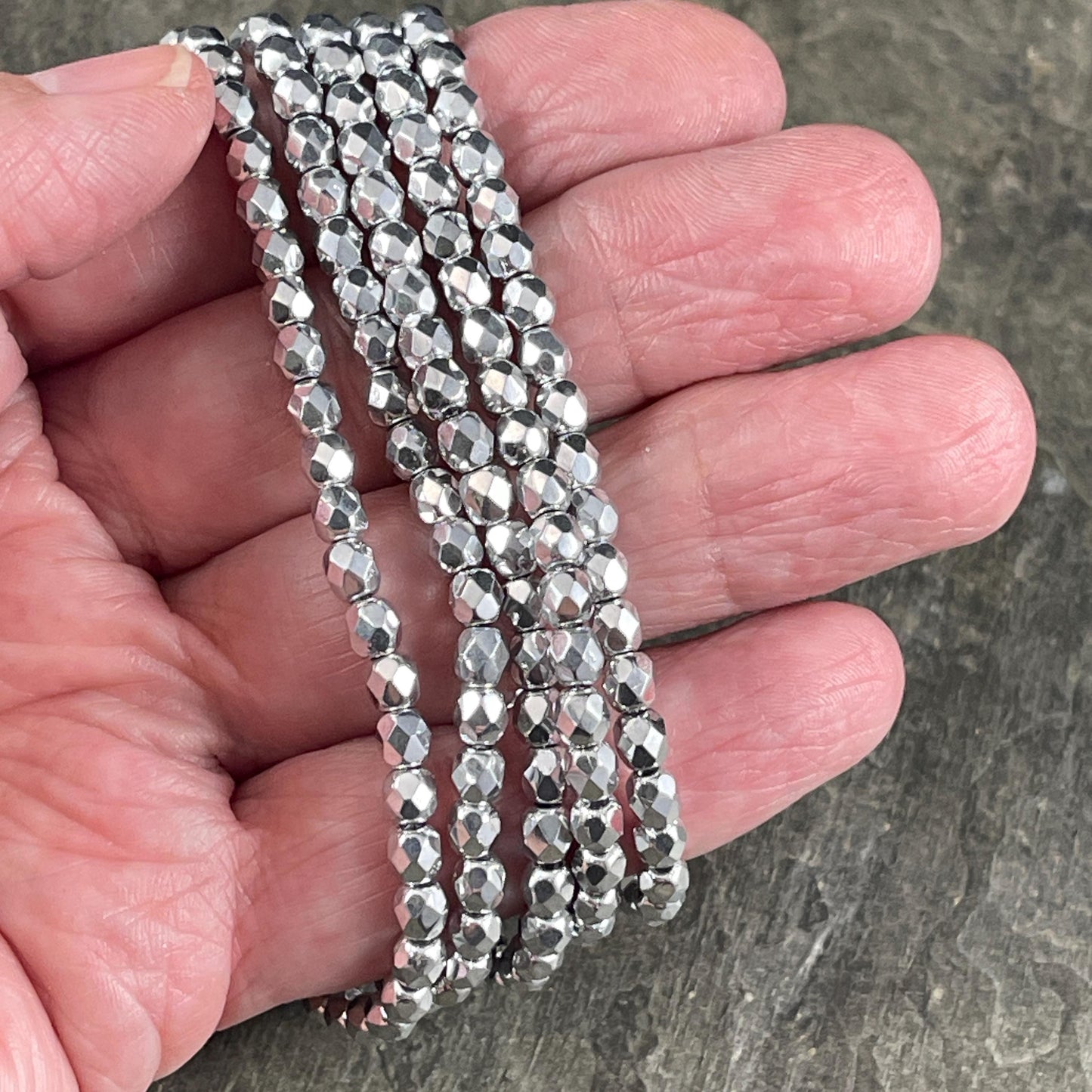 4mm Silver Faceted Czech Glass Beads 4mm Metallic Silver Beads 4mm Faceted Round Beads - Silver Metallic (FP4/N-087) - Qty 50