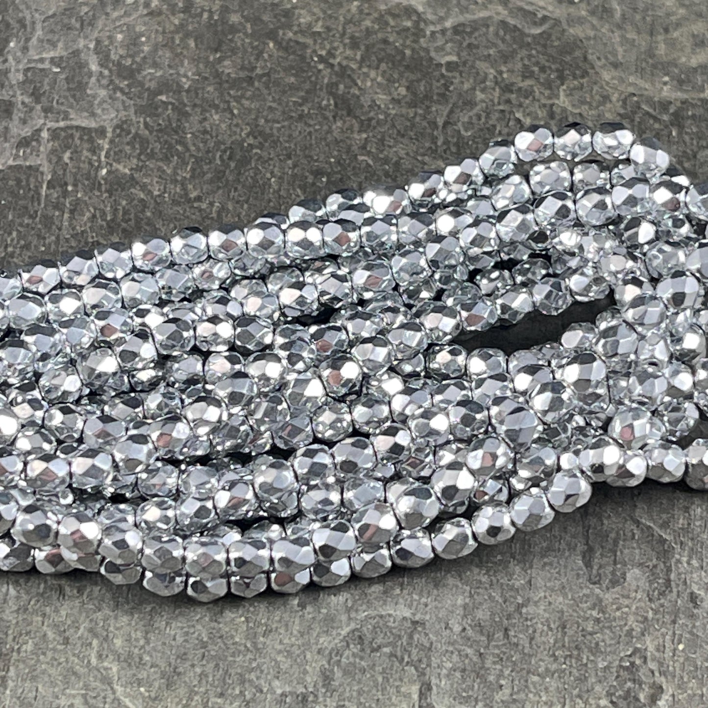 4mm Silver Faceted Czech Glass Beads 4mm Metallic Silver Beads 4mm Faceted Round Beads - Silver Metallic (FP4/N-087) - Qty 50