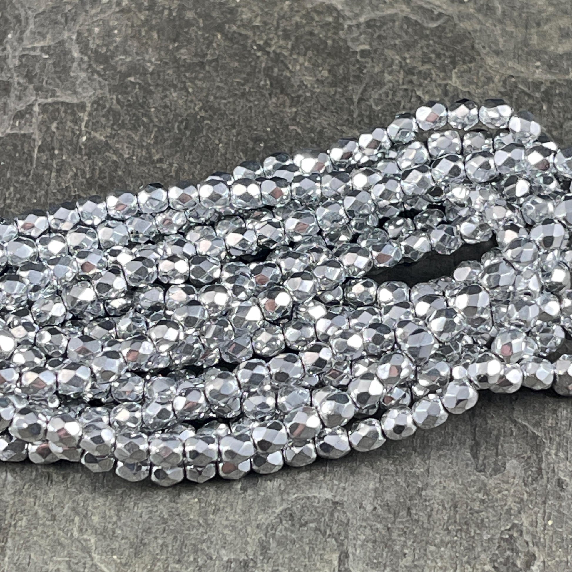 4mm Silver Faceted Czech Glass Beads 4mm Metallic Silver Beads 4mm Faceted Round Beads - Silver Metallic (FP4/N-087) - Qty 50