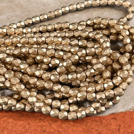 Czech Glass Beads - 4mm Matte Metallic Gold Faceted Round Beads (FP4/K0171) * Qty 50