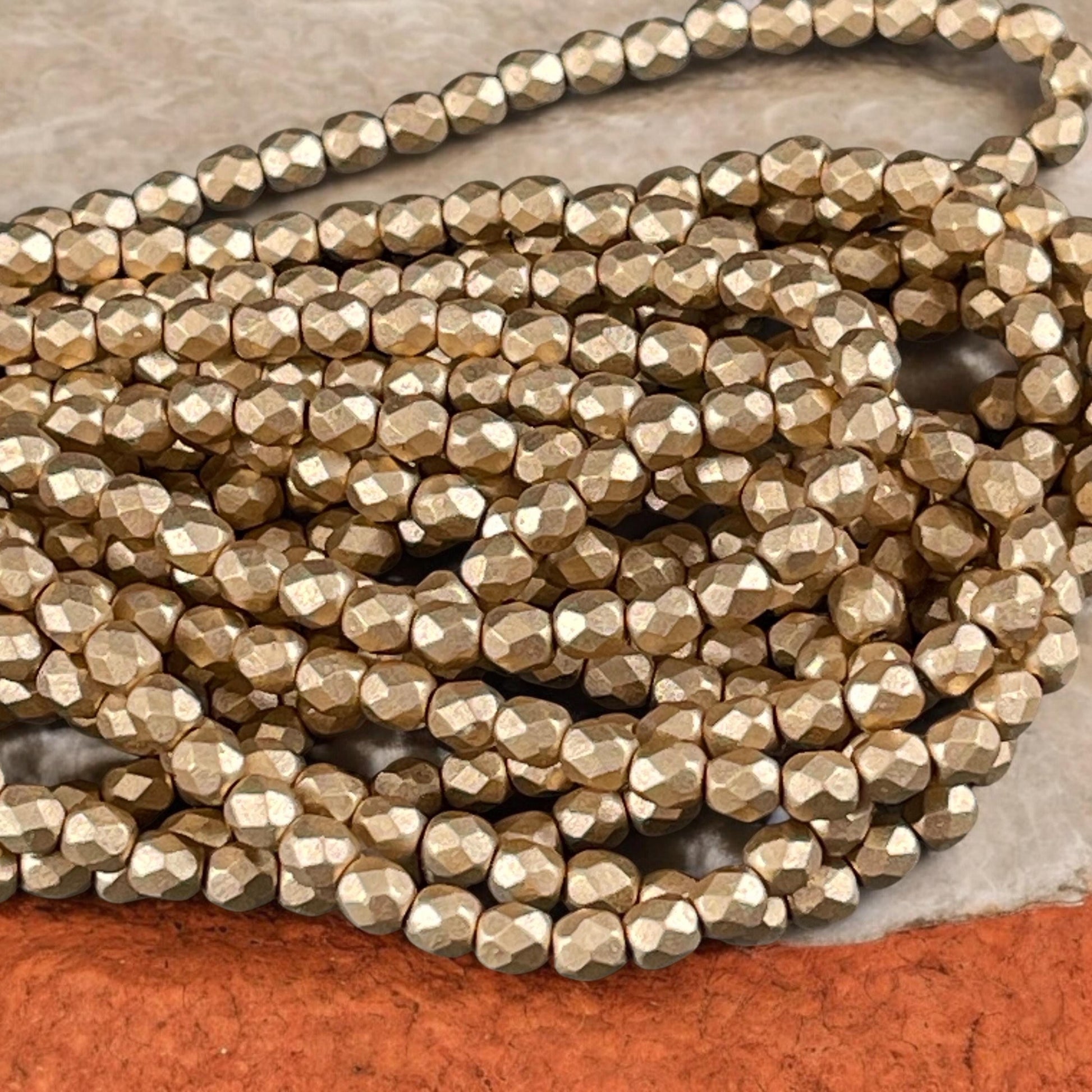 Czech Glass Beads - 4mm Matte Metallic Gold Faceted Round Beads (FP4/K0171) * Qty 50