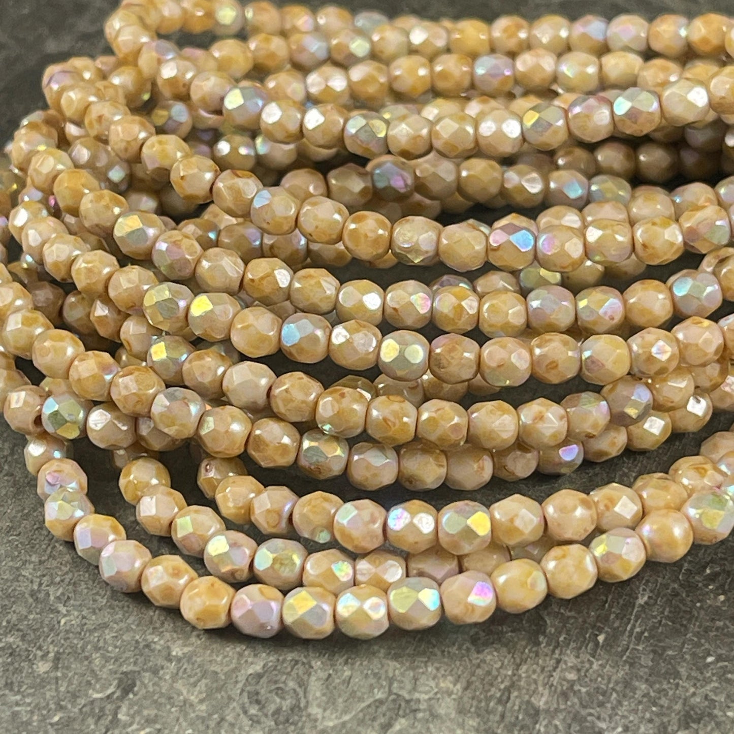Czech Glass Beads - 4mm Beige Picasso Faceted Glass Beads with AB (FP4/N-022) * Qty. 50