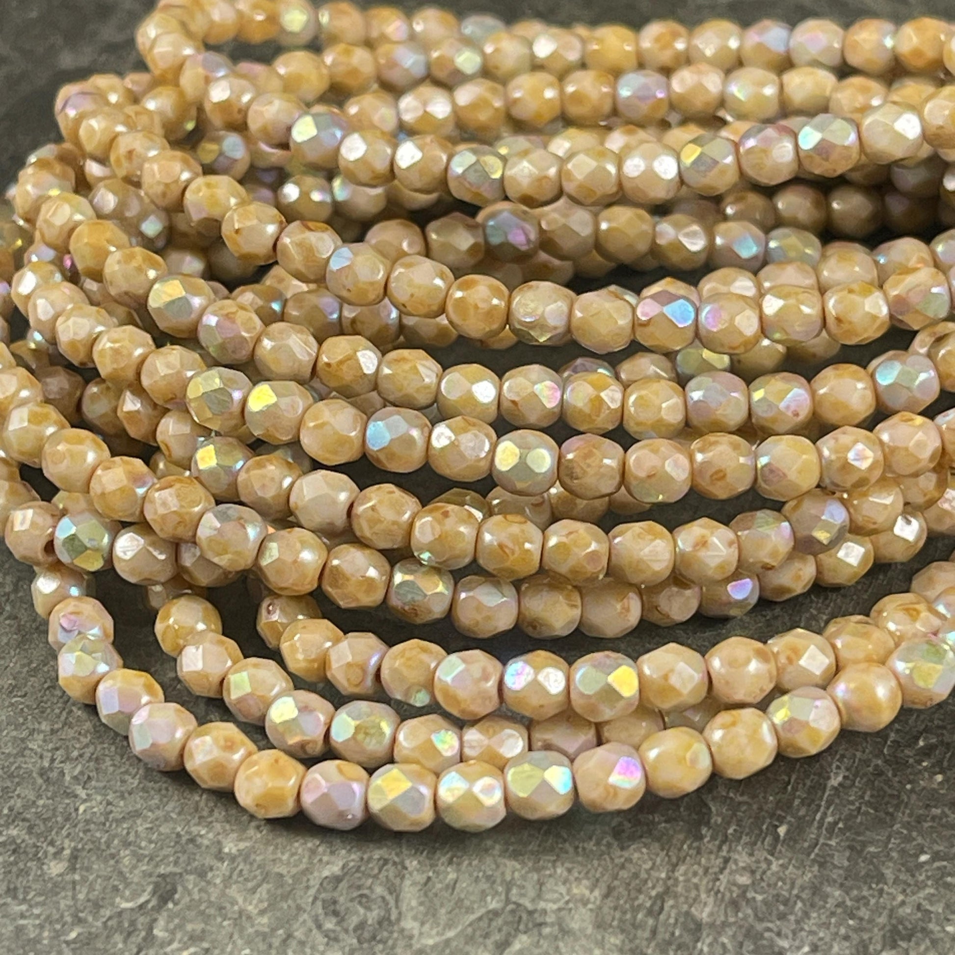 Czech Glass Beads - 4mm Beige Picasso Faceted Glass Beads with AB (FP4/N-022) * Qty. 50