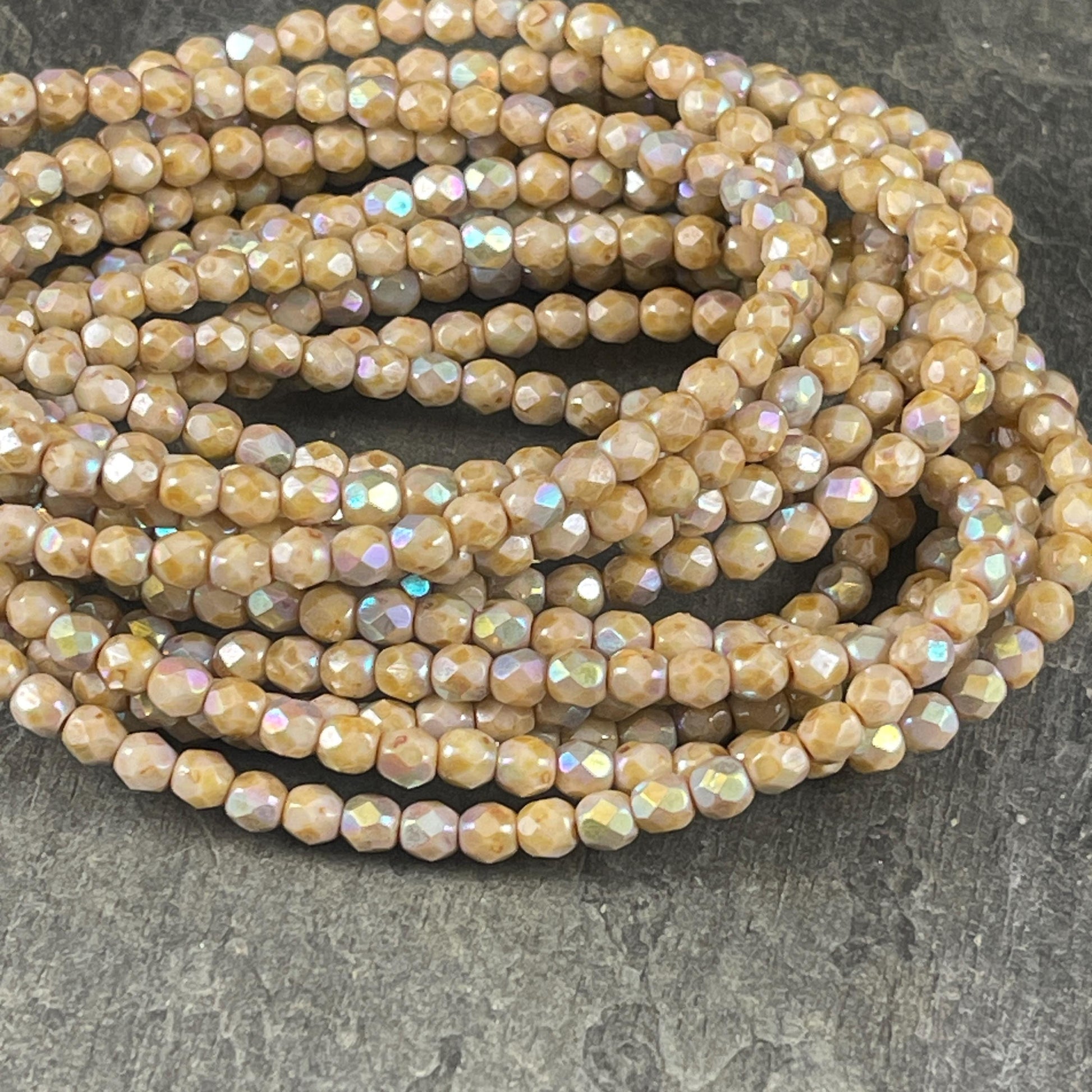 Czech Glass Beads - 4mm Beige Picasso Faceted Glass Beads with AB (FP4/N-022) * Qty. 50