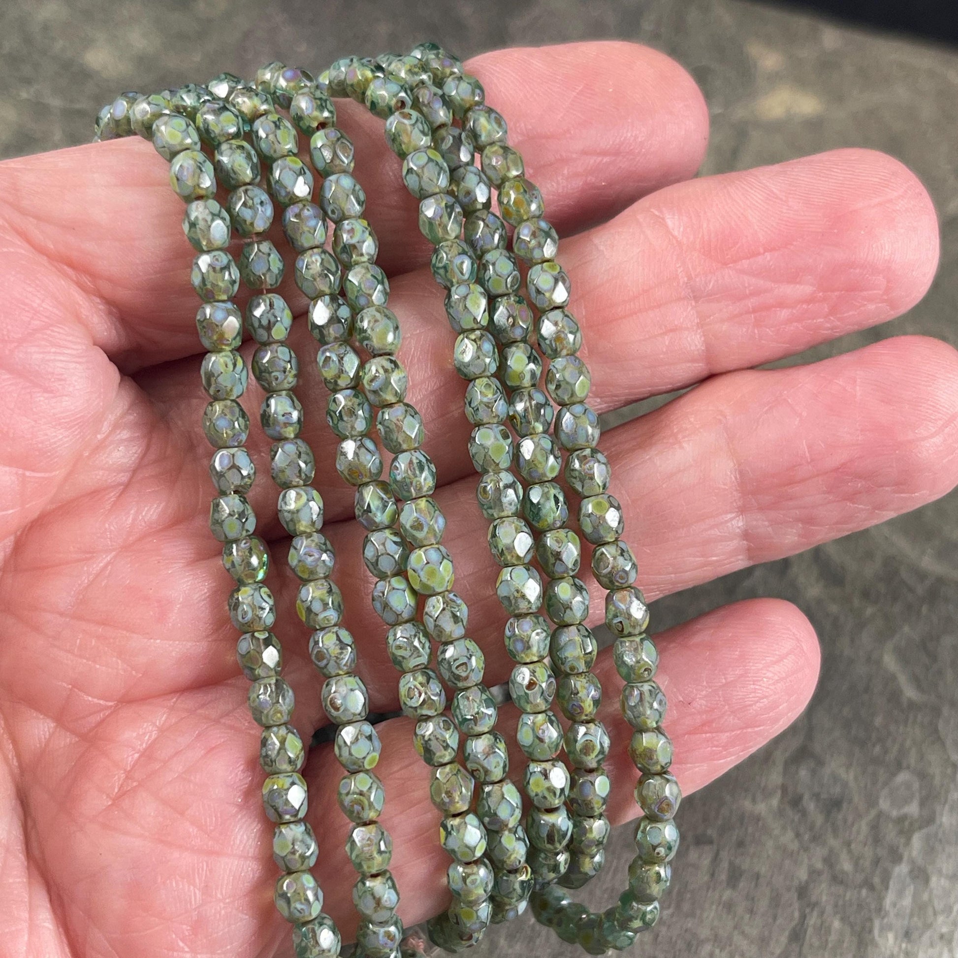 Czech Glass Beads - 4mm Olive Green Picasso Faceted Glass Beads (FP4/N-168B) * Qty. 50