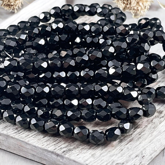 Czech Glass Beads - 6mm Jet Black Faceted Round Beads (FP6/N-110) * Qty. 25